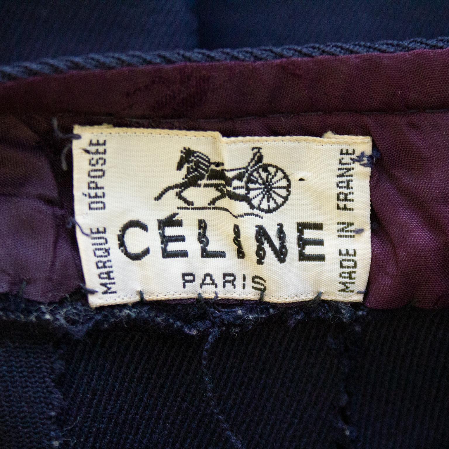 Black 1970s Celine Navy Wool Gabardine Pleated Skirt For Sale