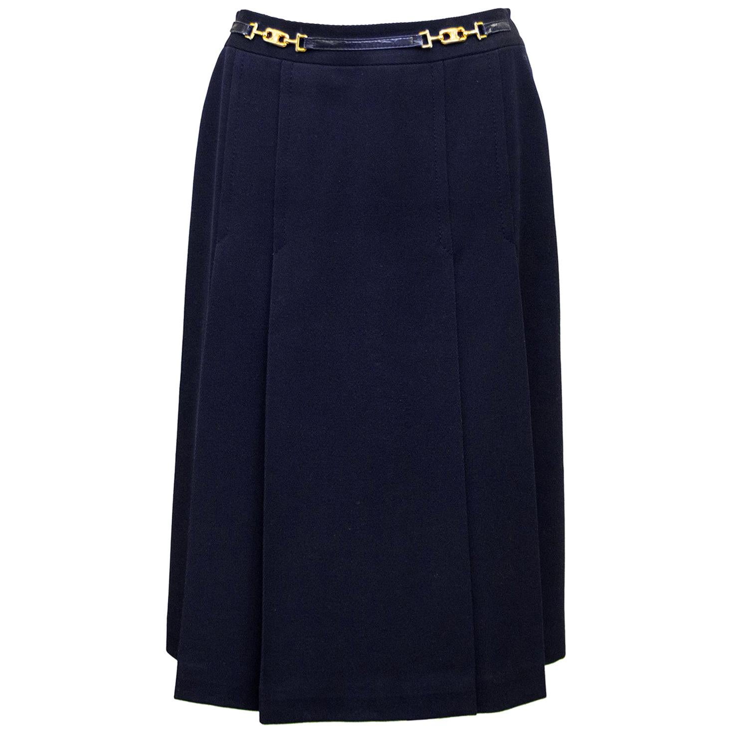 1970s Celine Navy Wool Gabardine Pleated Skirt For Sale