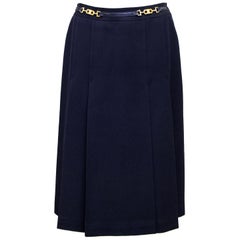 1970s Celine Navy Wool Gabardine Pleated Skirt