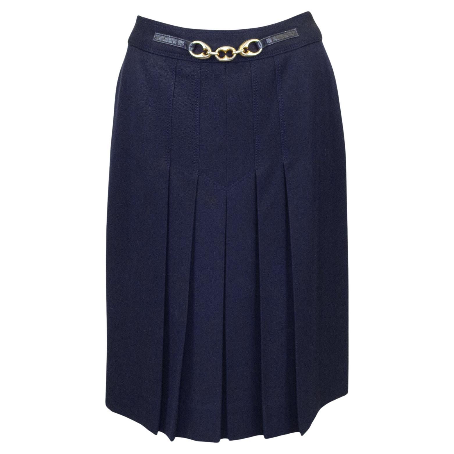 1970s Celine Navy Wool Gabardine Pleated Skirt For Sale