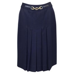 Vintage 1970s Celine Navy Wool Gabardine Pleated Skirt