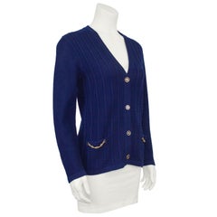 1970s Celine Navy Wool Knit Cardigan with Chains