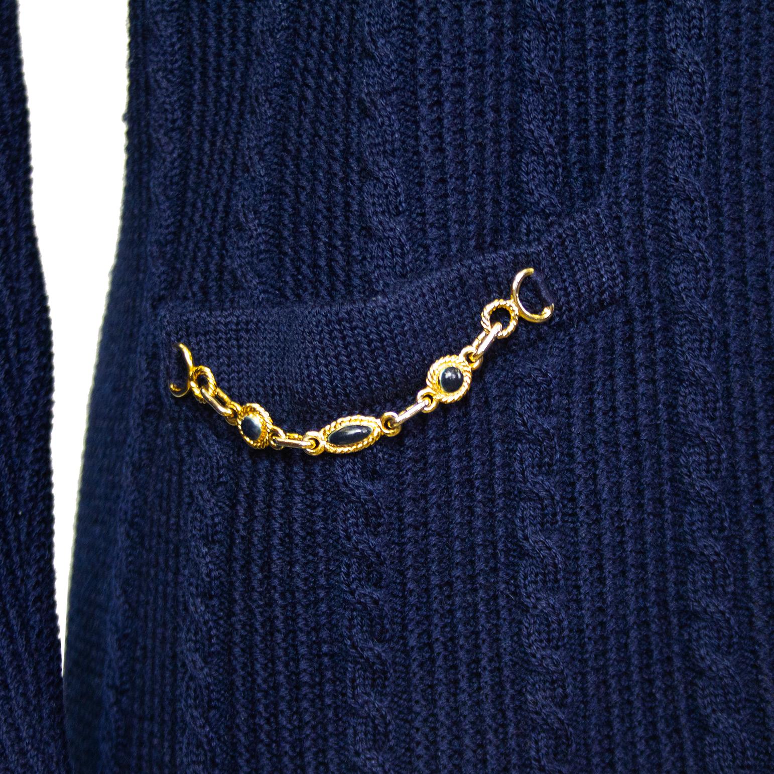 Women's 1970s Celine Navy Wool Knit Cardigan with Chains