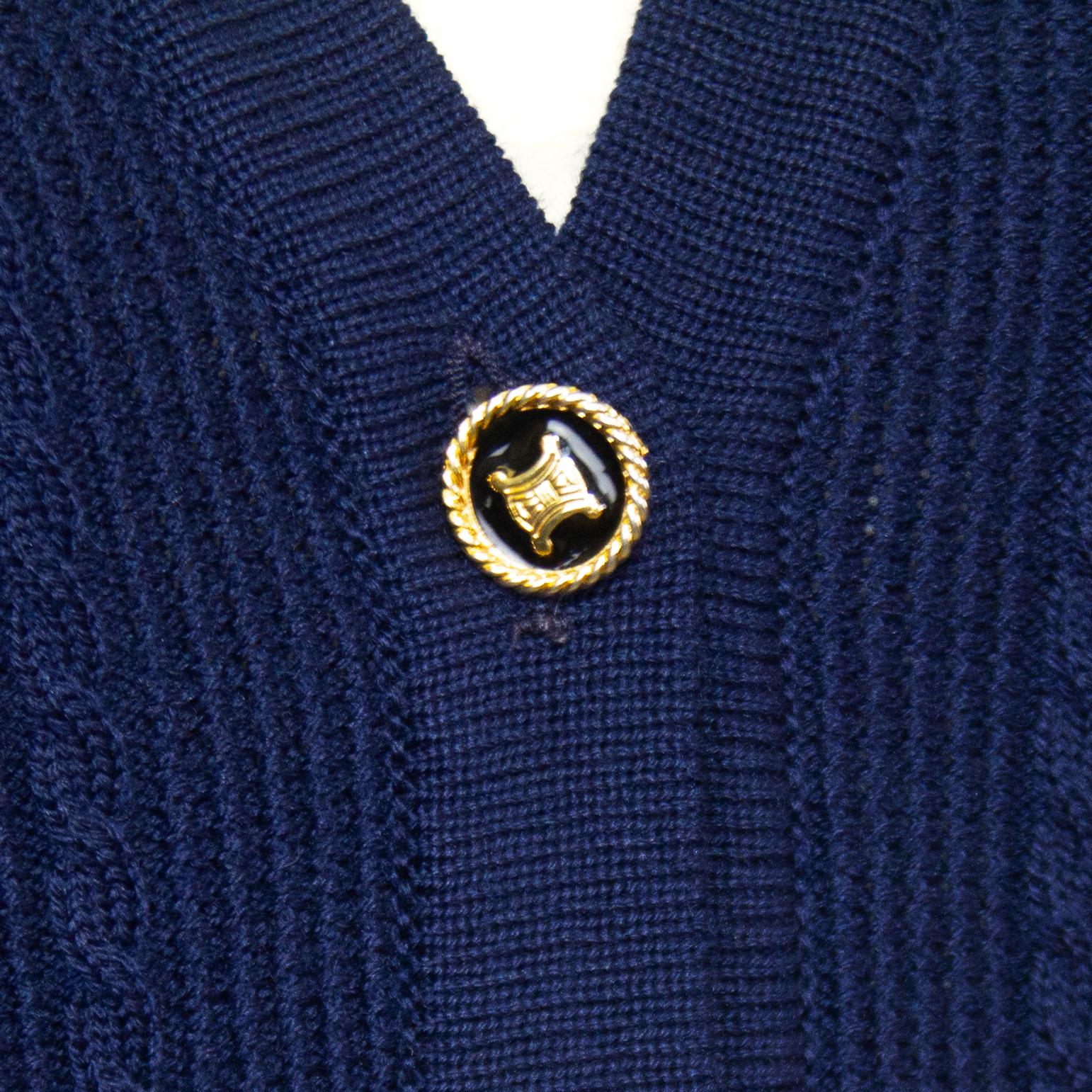 1970s Celine Navy Wool Knit Cardigan with Chains 1