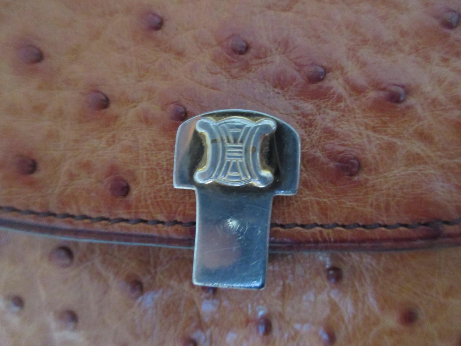 Borsa Triomphe in pelle di struzzo Celine anni '70, cognac, piccola in vendita 6