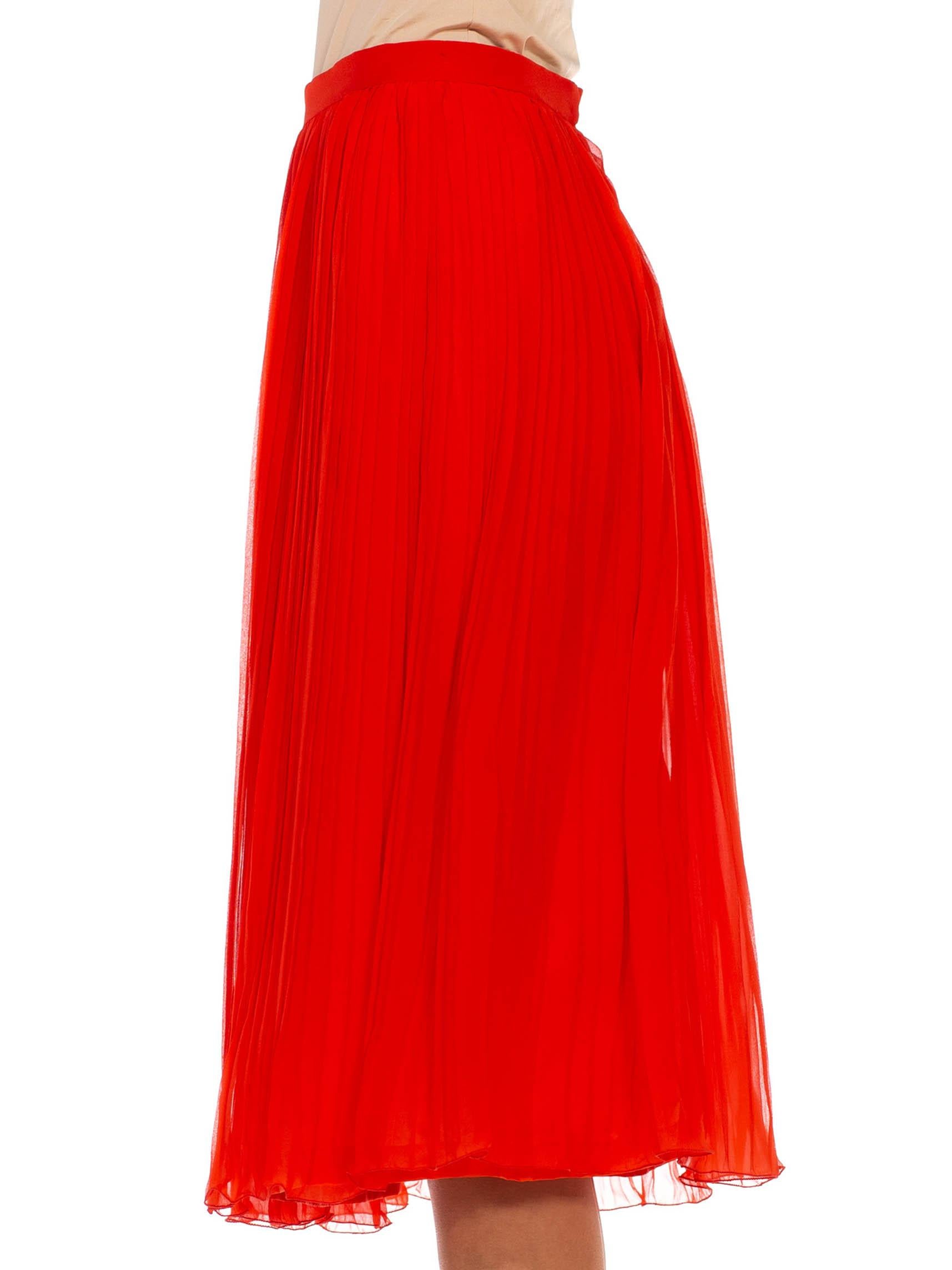 Red 1970S CELINE Persimmon Silk Chiffon Micro Pleated Skirt For Sale