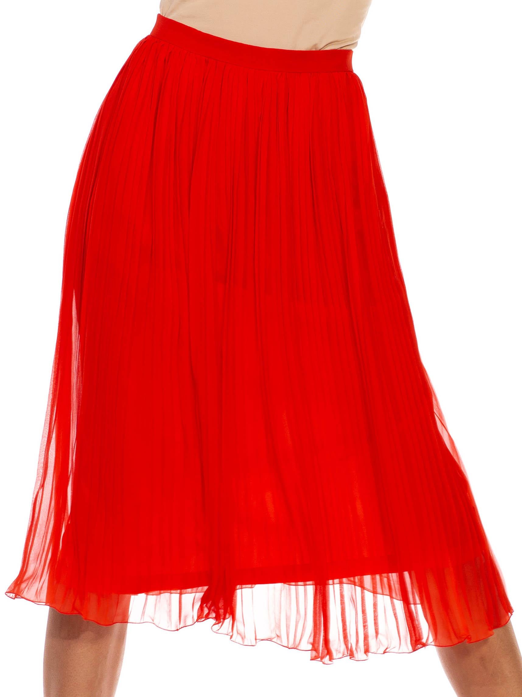1970S CELINE Persimmon Silk Chiffon Micro Pleated Skirt In Excellent Condition For Sale In New York, NY