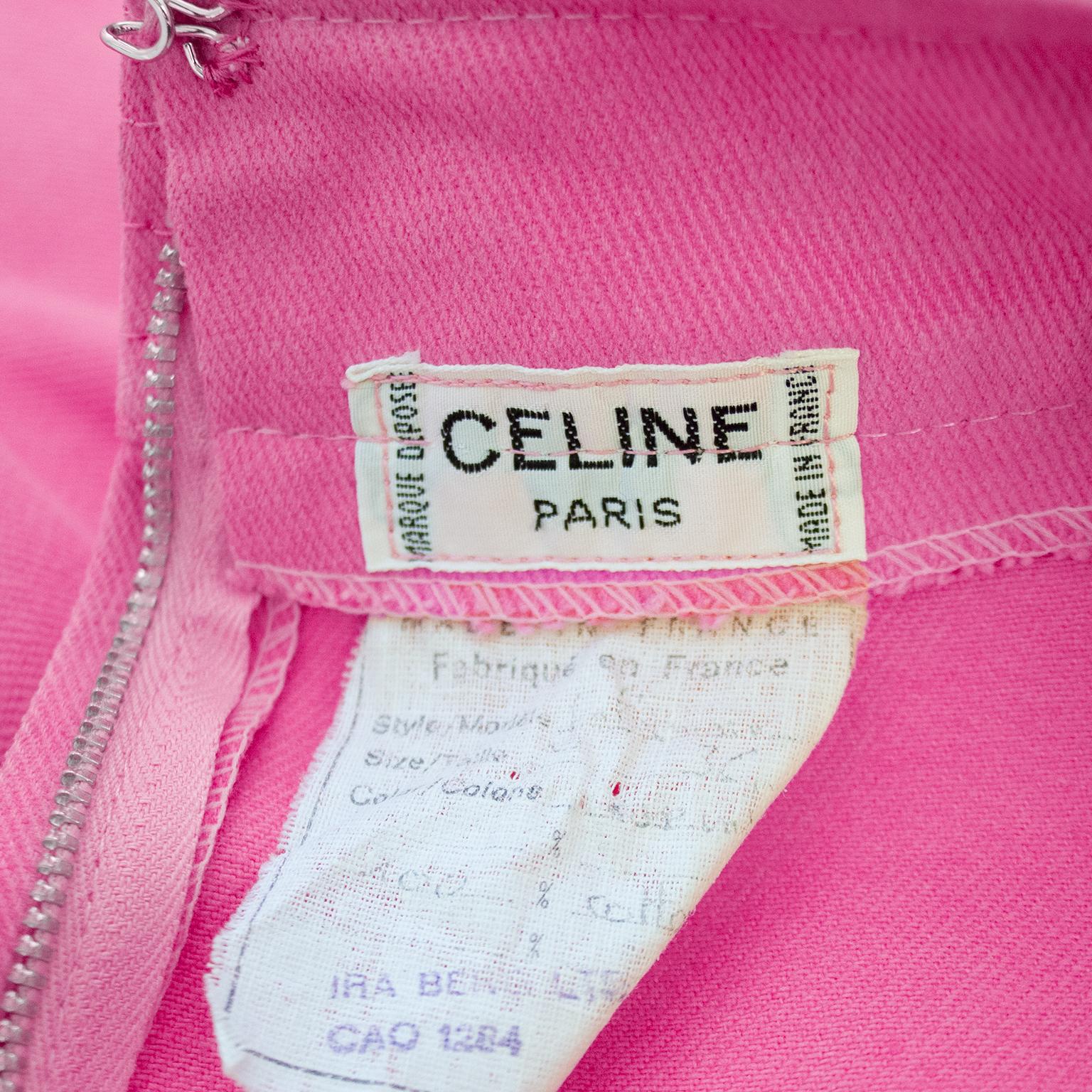 1970 Celine - Jupe portefeuille en coton et denim rose en vente 1