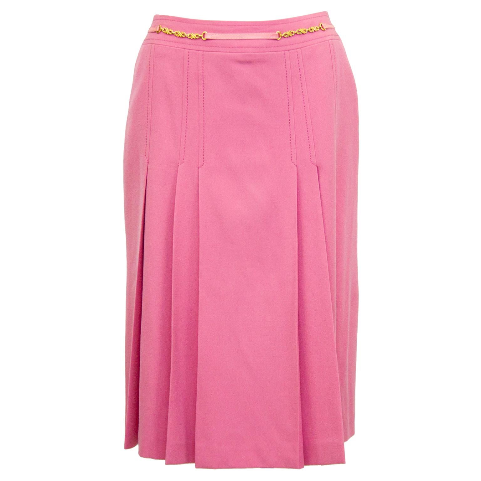 1970s Celine Pink Pleated Wool Skirt 