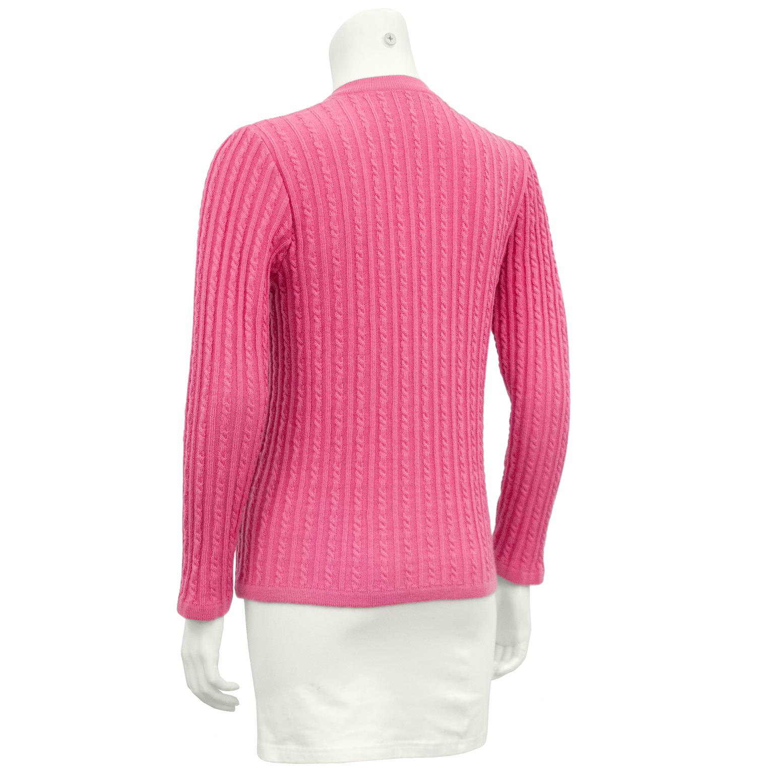 Rose 1970s Celine Pink Wool Cable Knit Cardigan  en vente