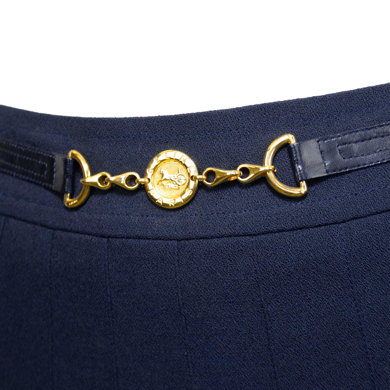 Women's 1970s Celine Pleated Navy Blue Wool Gabardine Skirt with Gold Belt  For Sale