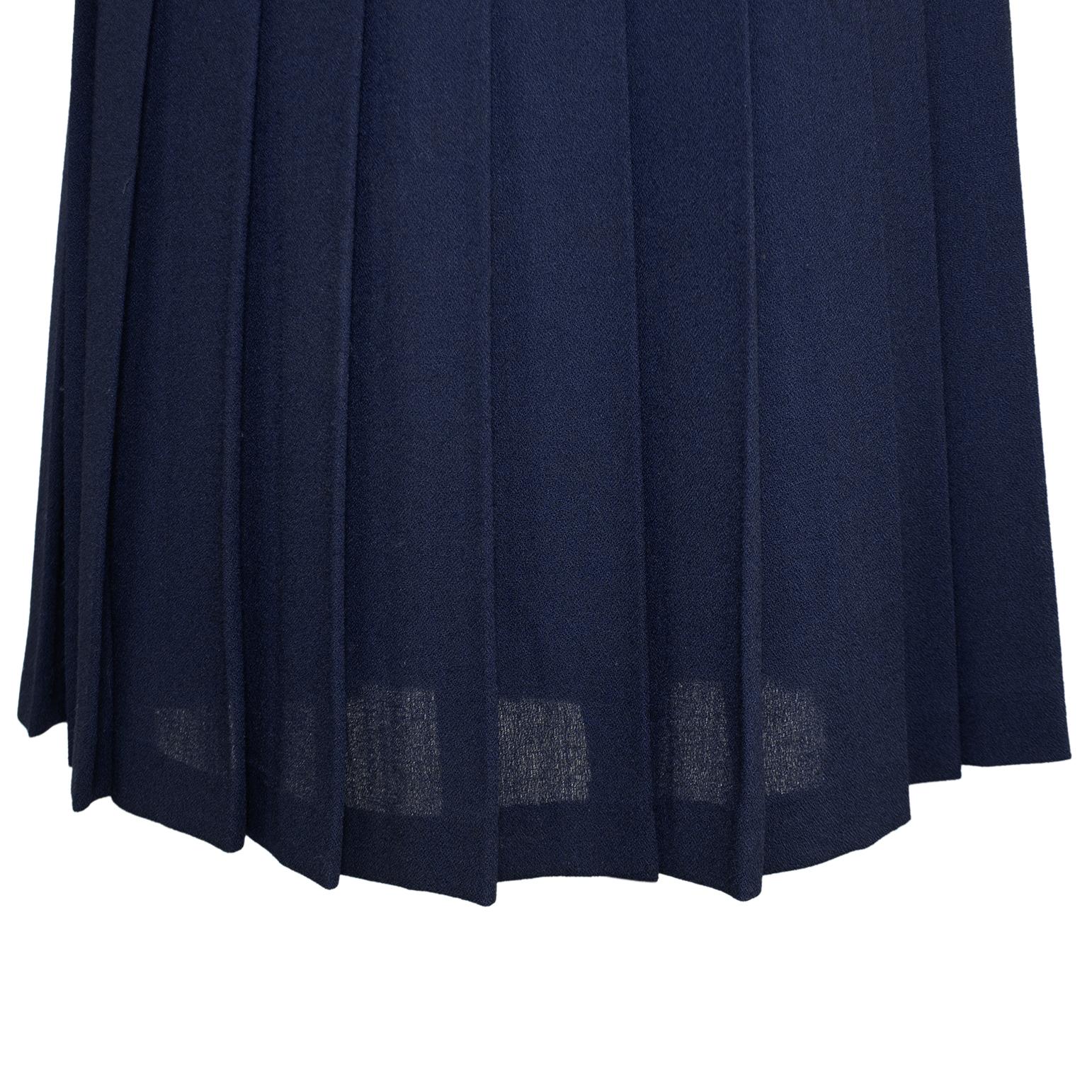 1970s Celine Pleated Navy Blue Wool Gabardine Skirt with Gold Belt  For Sale 1