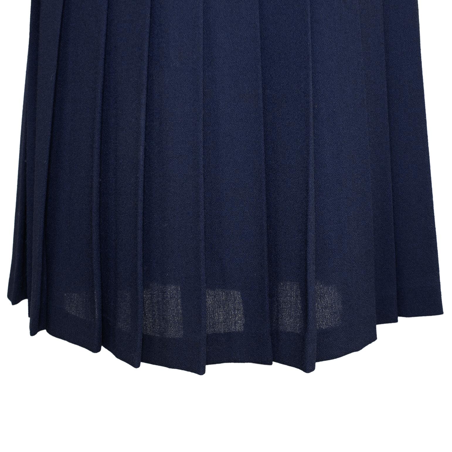 Women's 1970s Celine Pleated Navy Blue Wool Gabardine Skirt with Gold Belt For Sale