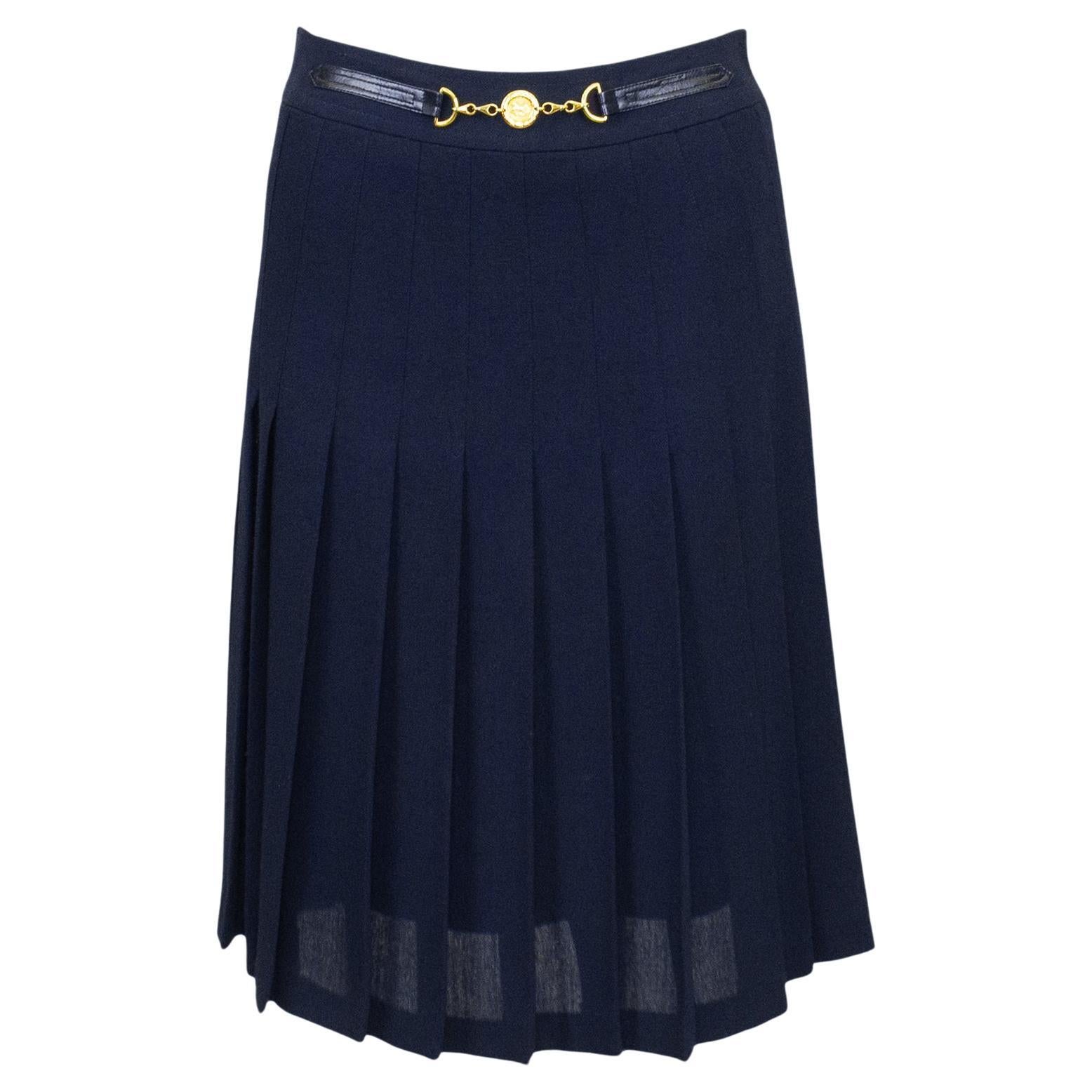 1970s Celine Pleated Navy Blue Wool Gabardine Skirt with Gold Belt  For Sale