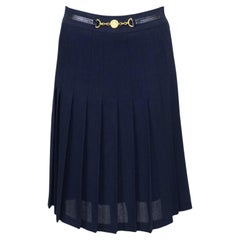 Retro 1970s Celine Pleated Navy Blue Wool Gabardine Skirt with Gold Belt 