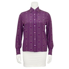 Vintage 1970s Celine Purple Silk Blouse with Chainlink Pattern