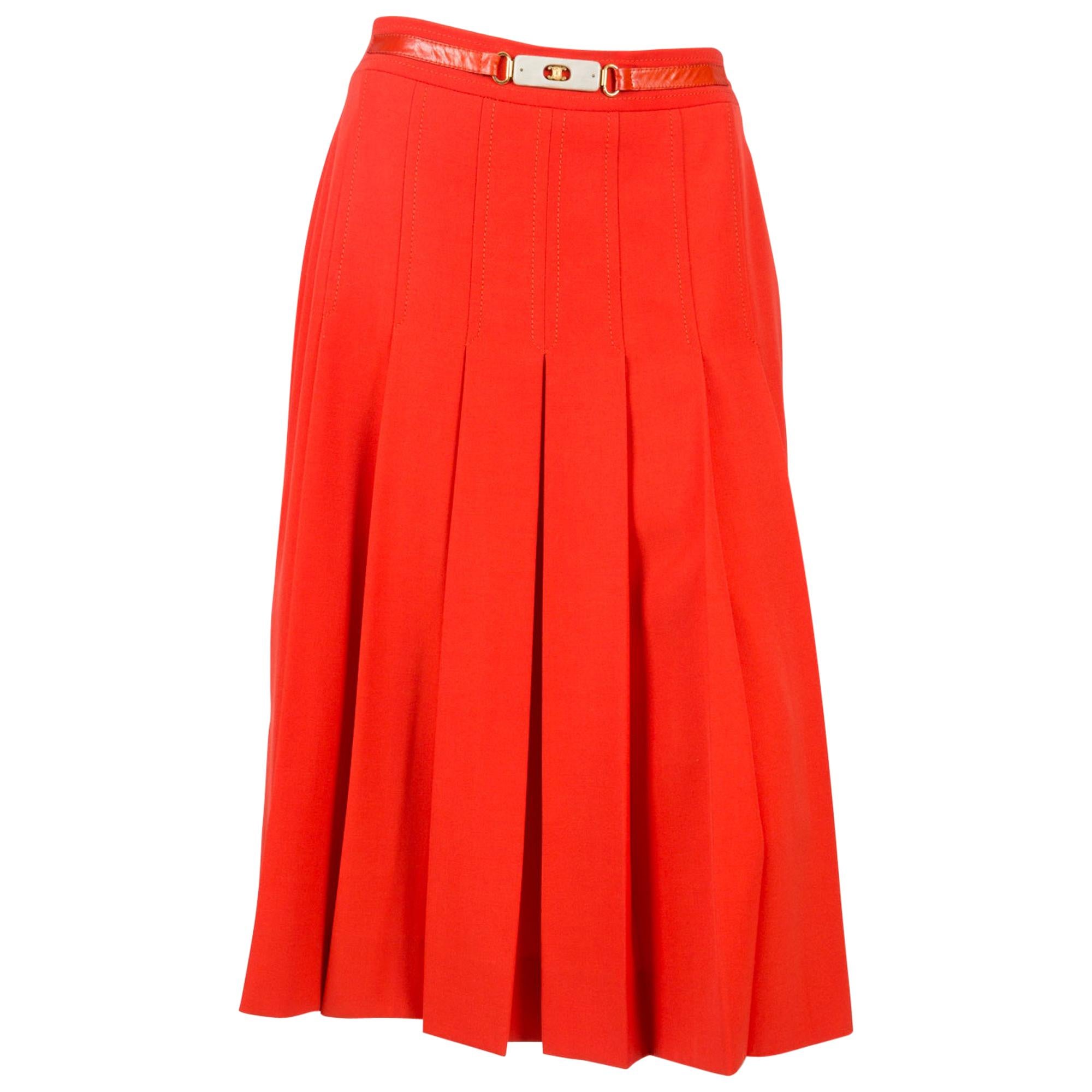 1970s Celine Red Wool Pleated Skirt