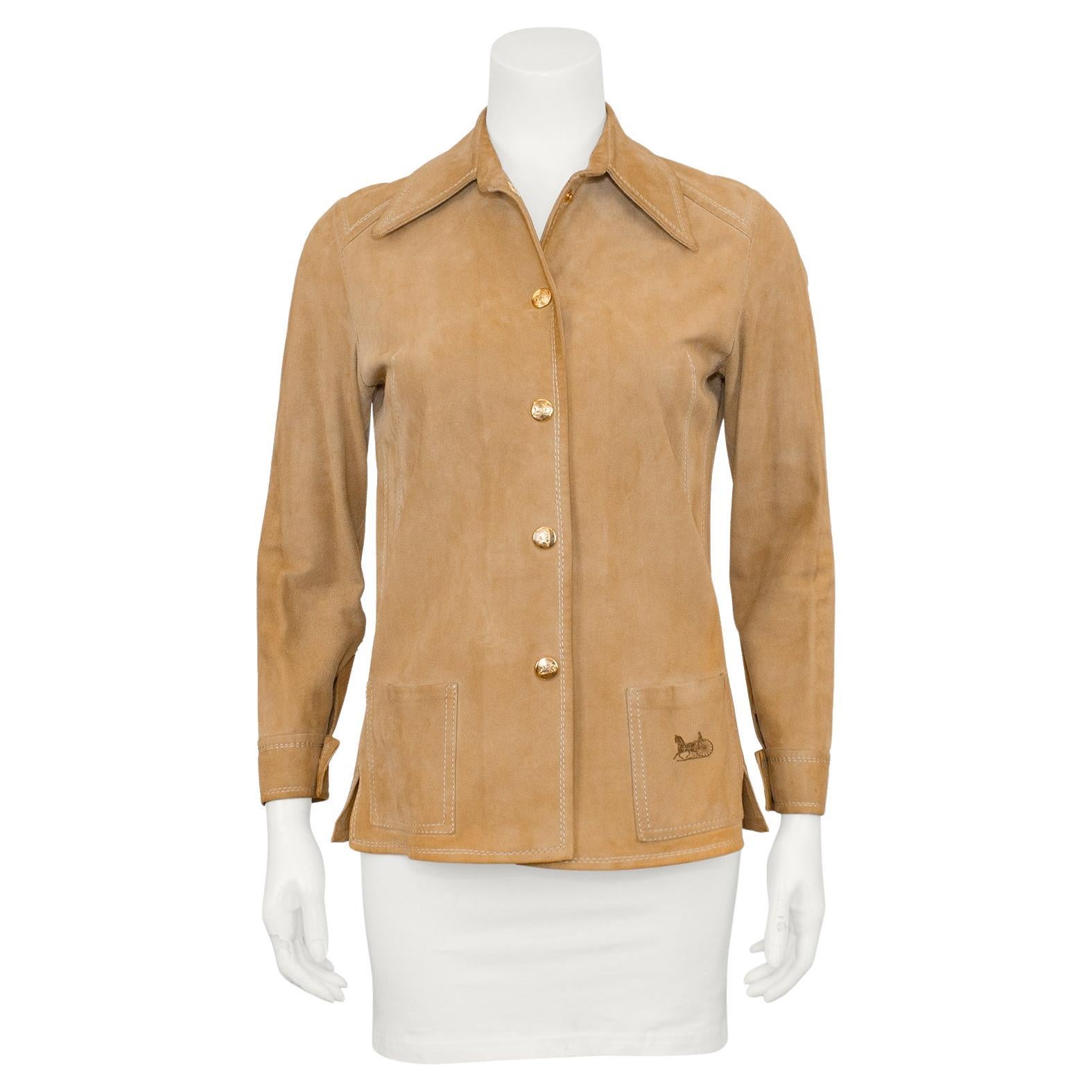 1970s Celine Tan Suede Lightweight Jacket  For Sale