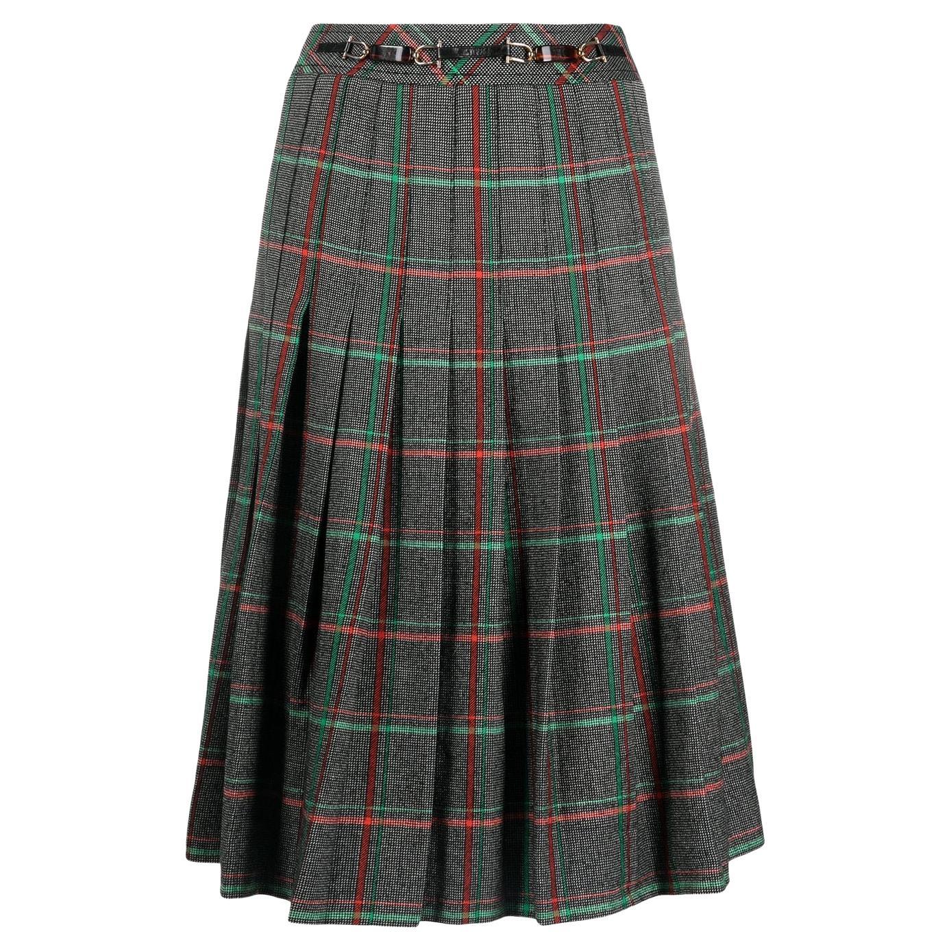 1970s Celine Wool Pleated Check Skirt For Sale