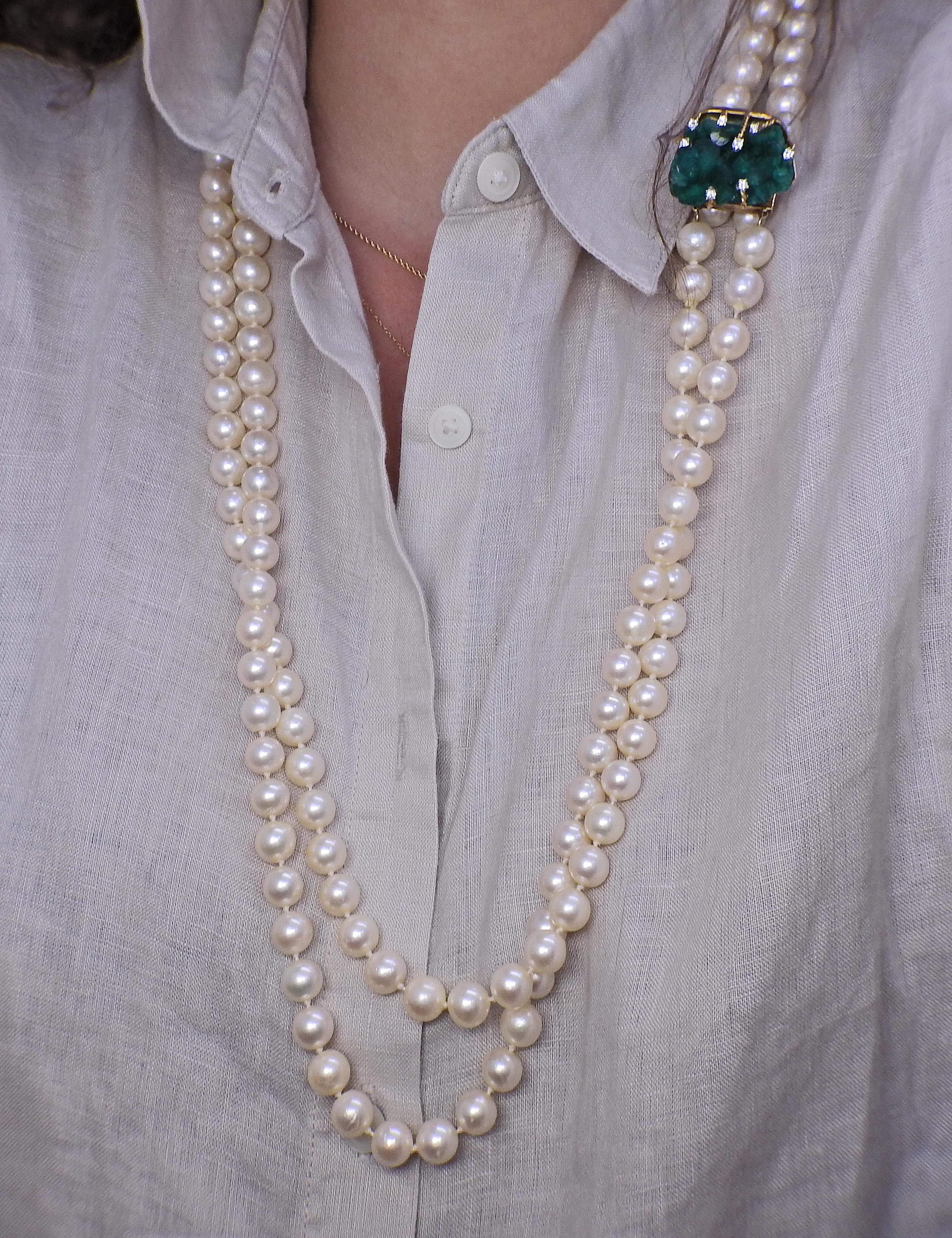 Women's 1970s Cellino Chatham Emerald Diamond Pearl Necklace For Sale