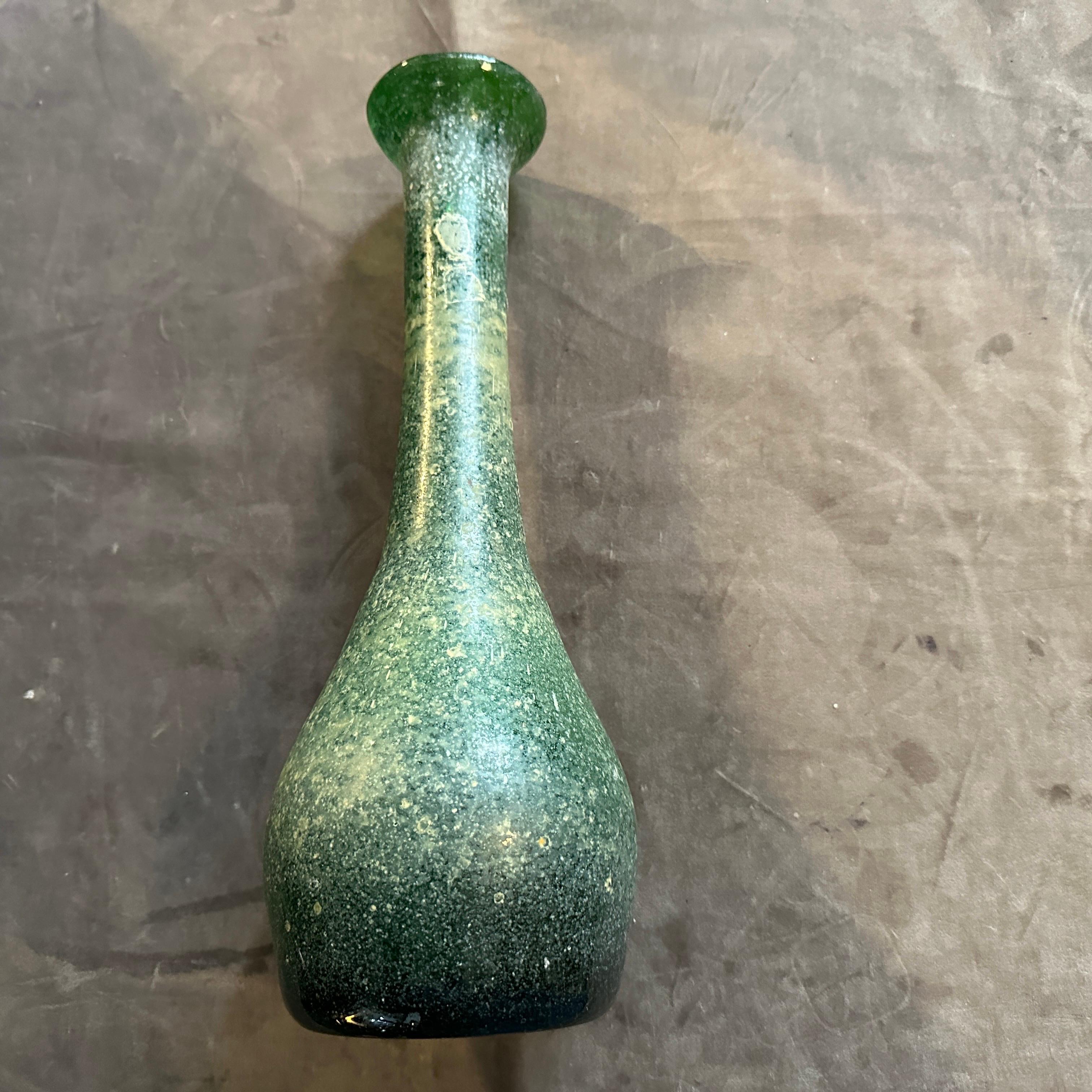 1970s Cenedese Attributed Modernist Green Scavo Murano Glass Vase For Sale 1