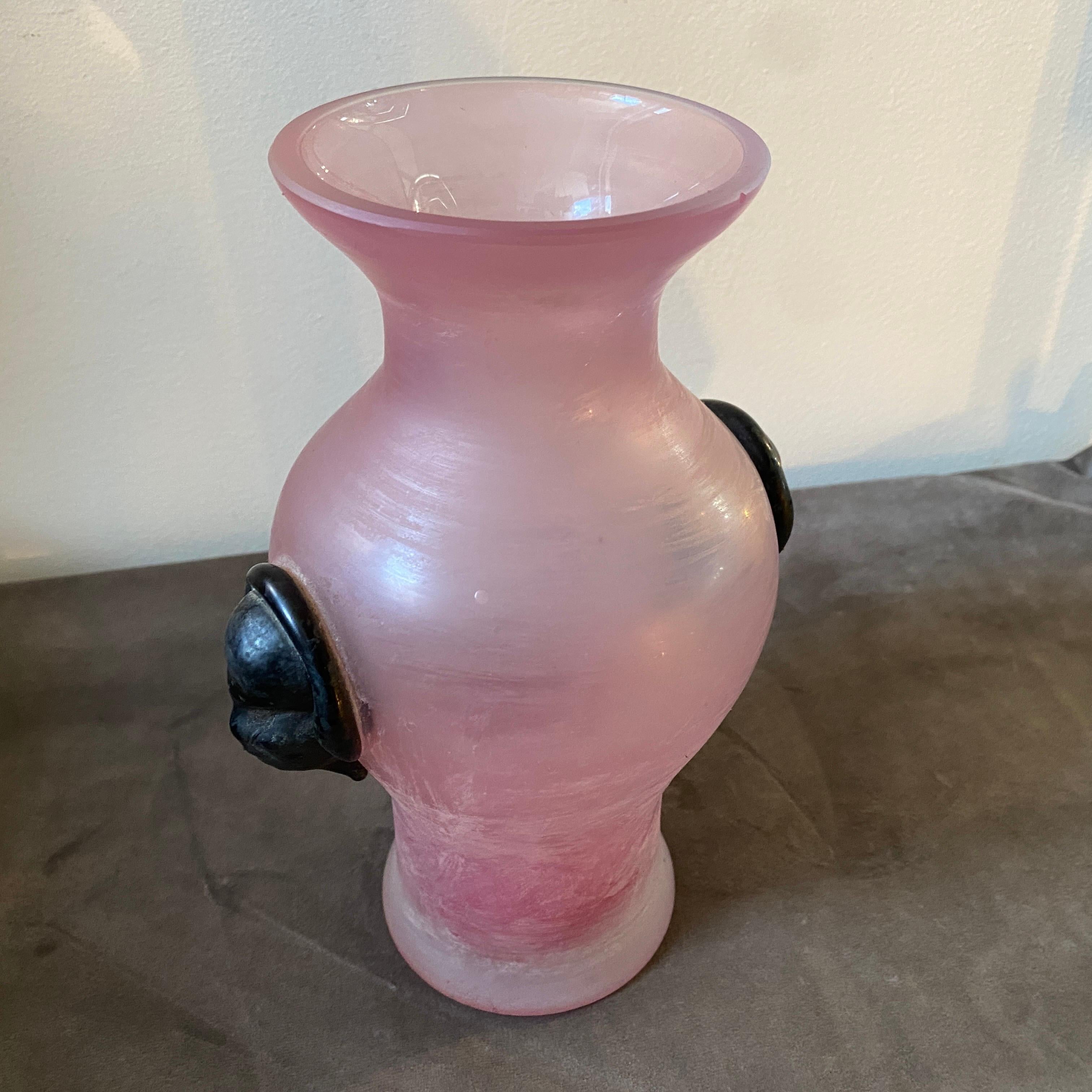 Mid-Century Modern 1970s Cenedese Attributed Modernist Pink and Black Scavo Murano Glass Vase