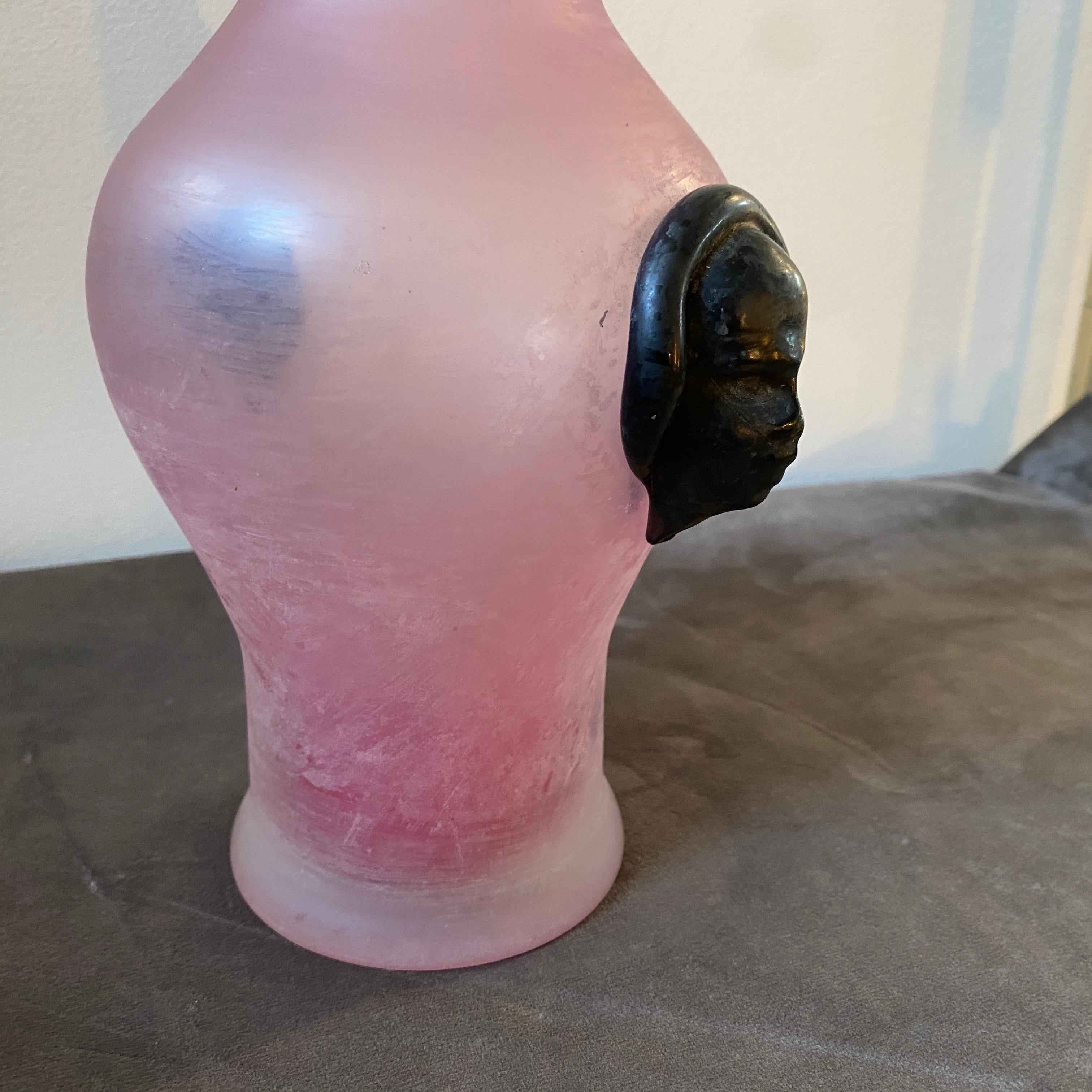 Italian 1970s Cenedese Attributed Modernist Pink and Black Scavo Murano Glass Vase For Sale