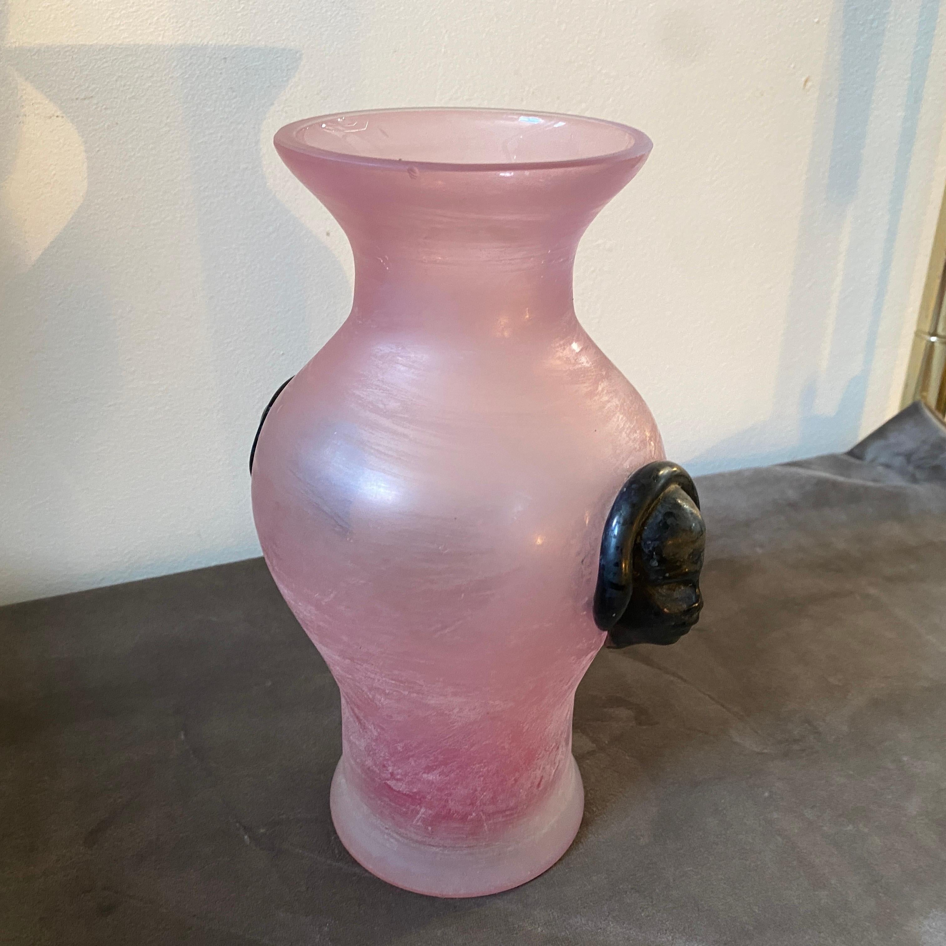 Hand-Crafted 1970s Cenedese Attributed Modernist Pink and Black Scavo Murano Glass Vase For Sale