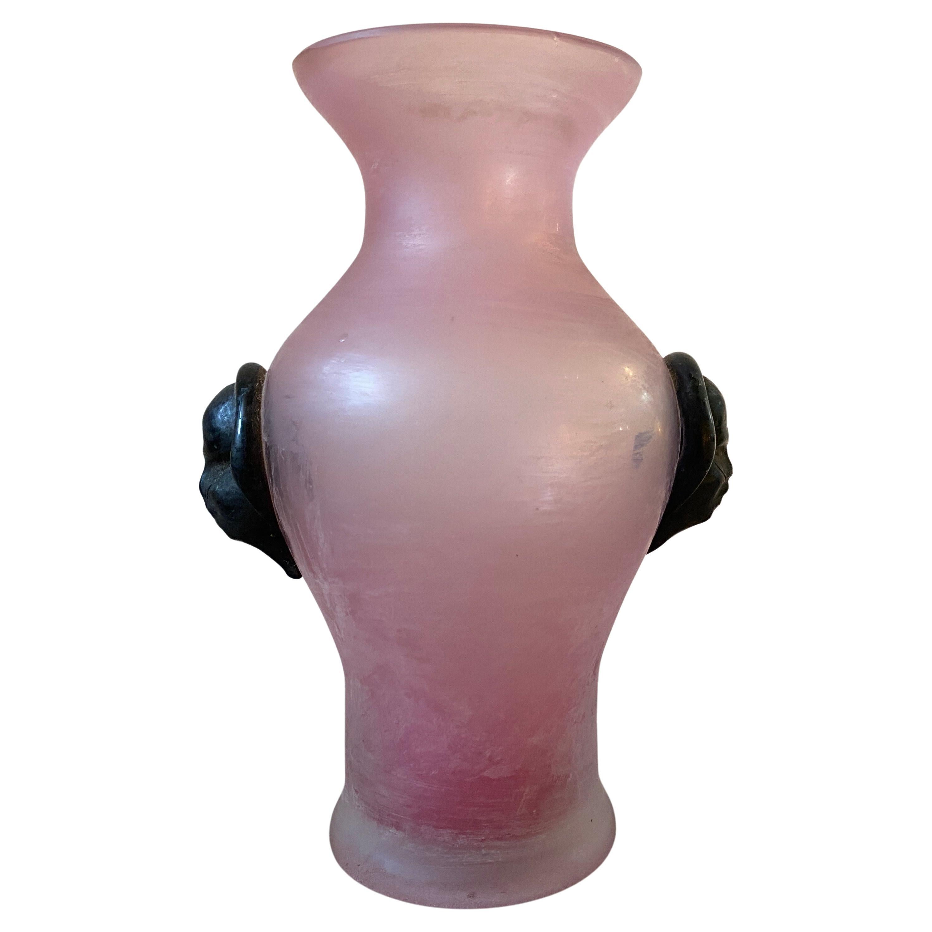 1970s Cenedese Attributed Modernist Pink and Black Scavo Murano Glass Vase For Sale