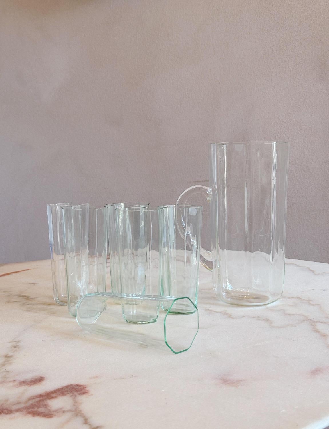 Mid-Century Modern 1970s Cenedese Green Jug and Glasses Set (Six Glasses) For Sale