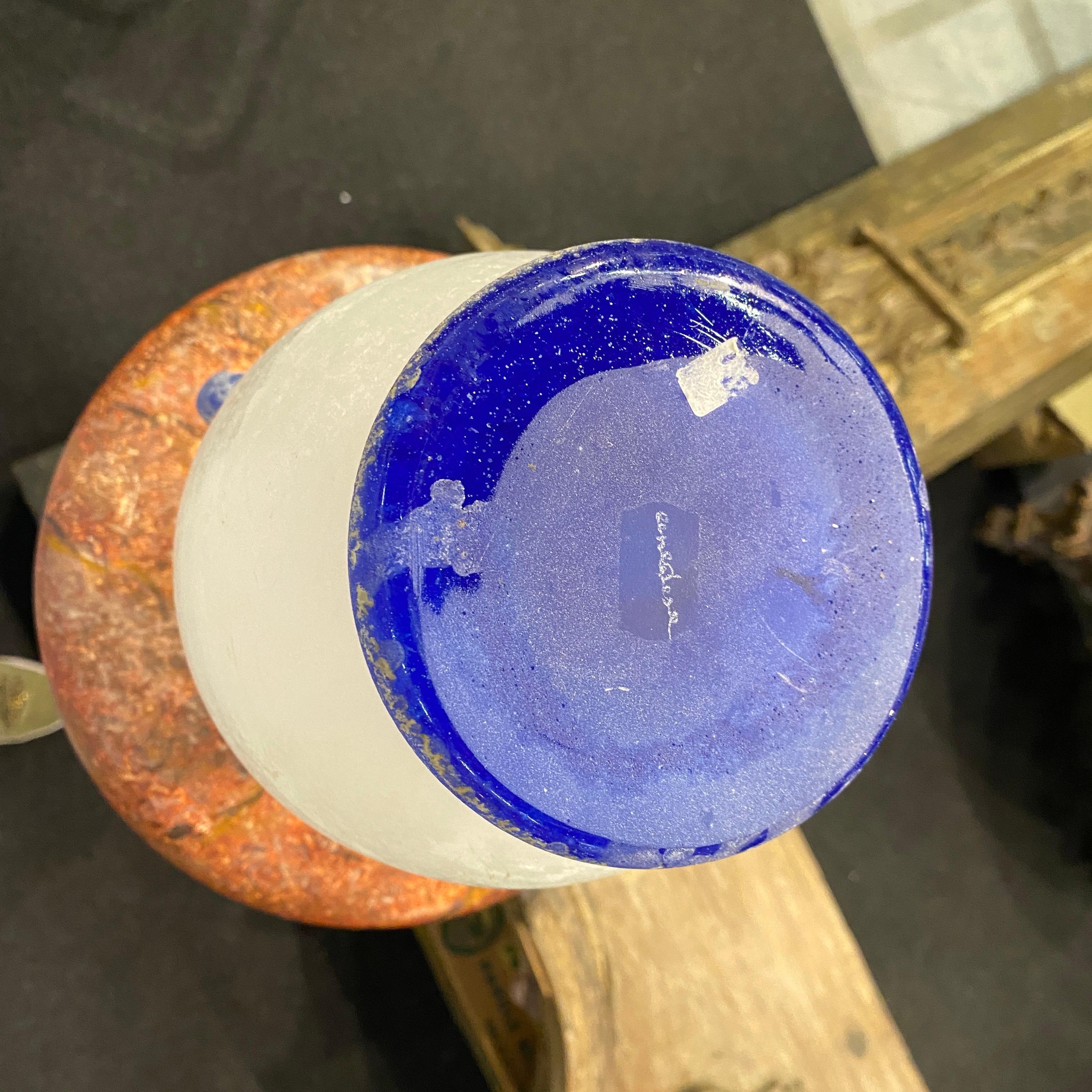 1970s Cenedese White and Blue Scavo Murano Glass Amphora Vase 6