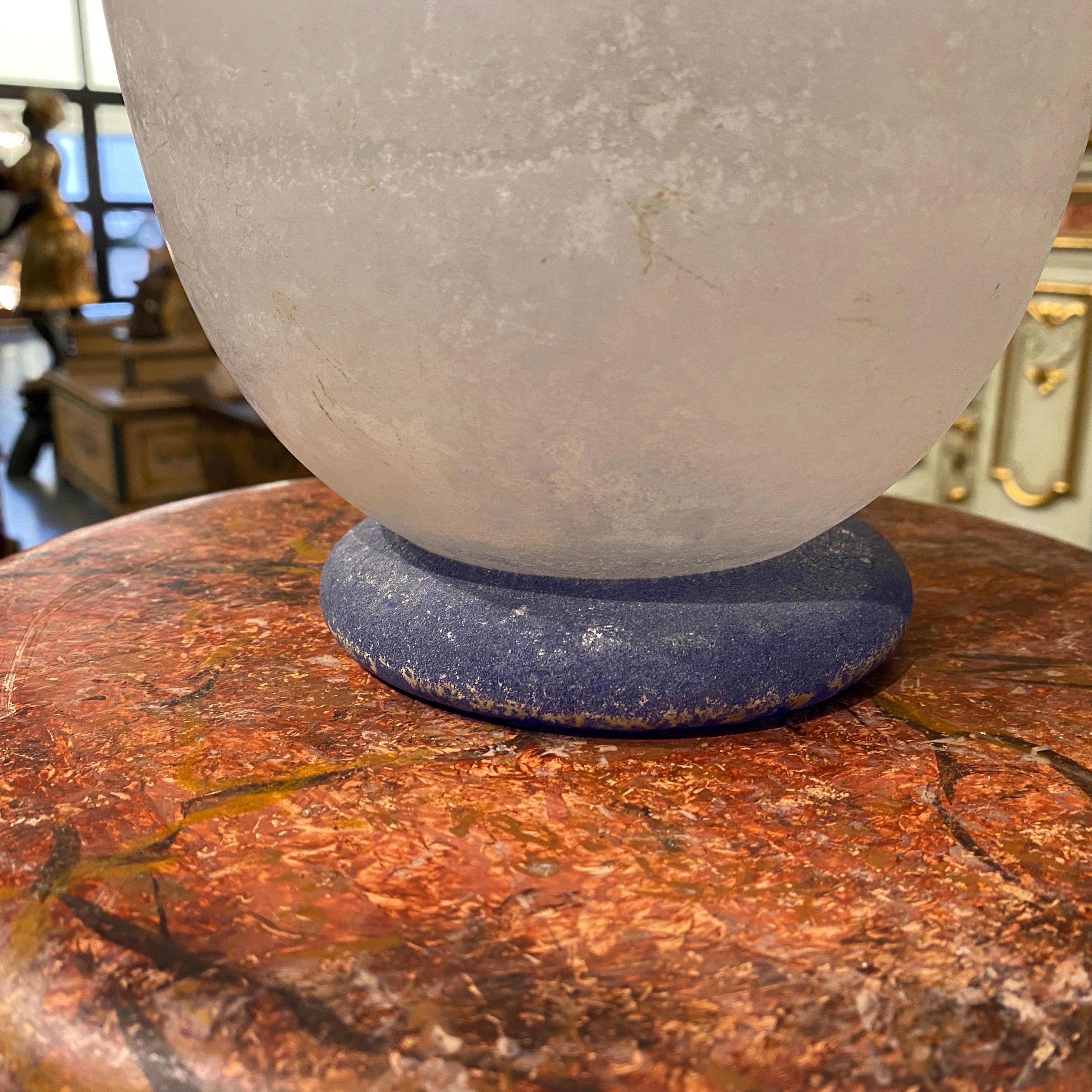 Italian 1970s Cenedese White and Blue Scavo Murano Glass Amphora Vase