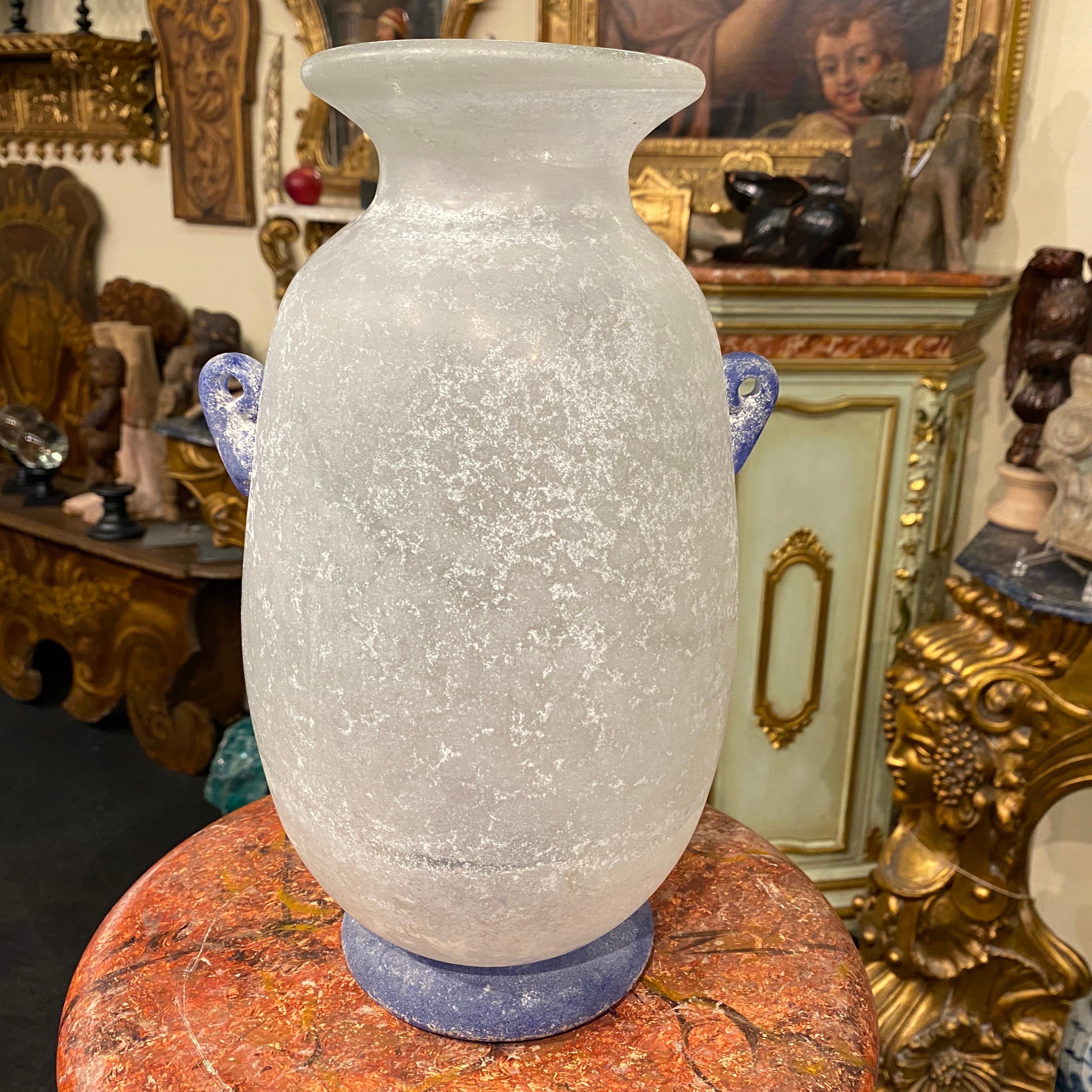 20th Century 1970s Cenedese White and Blue Scavo Murano Glass Amphora Vase