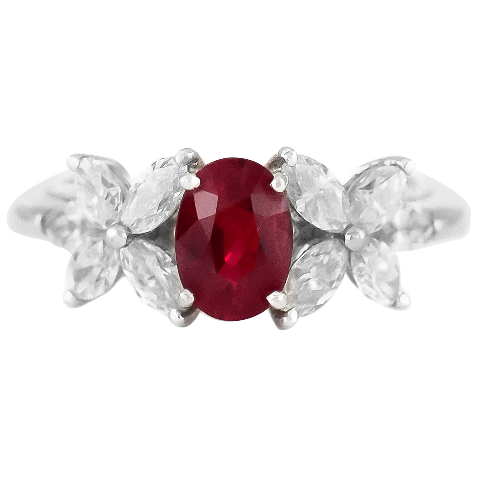1.06 Carat Ruby and Marquise Diamond Flowers Ring For Sale