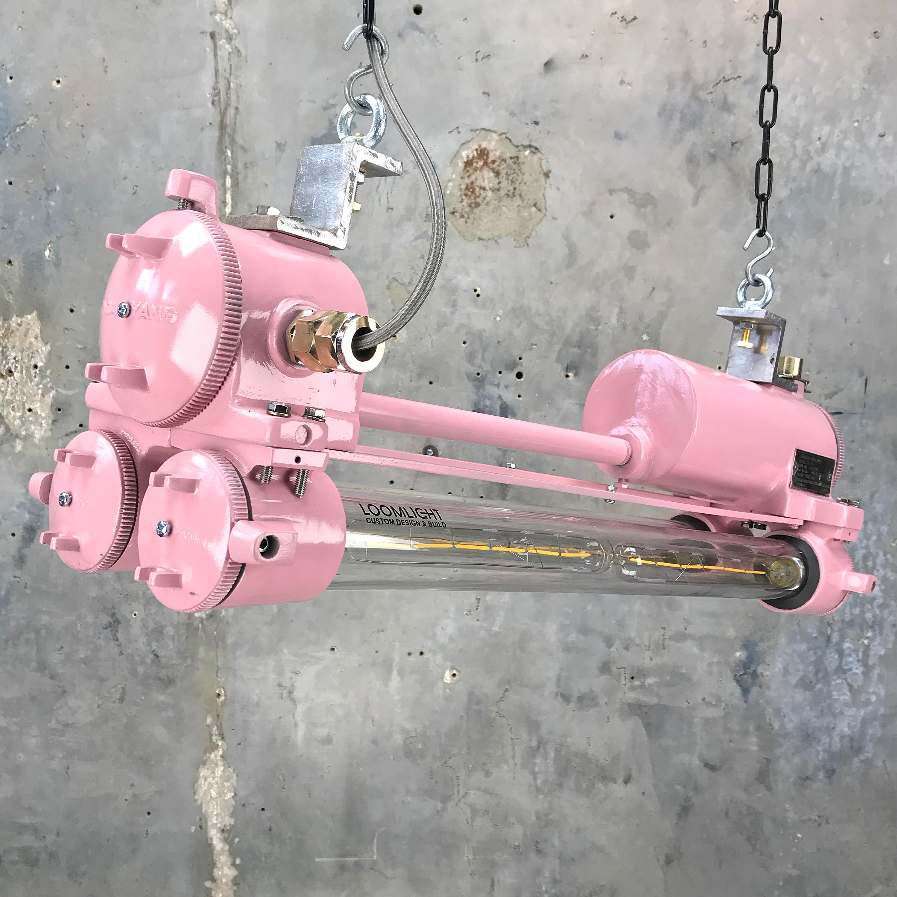 1970s Century Industrial Aluminium and Brass Flame Proof Strip Light, Pink For Sale 2