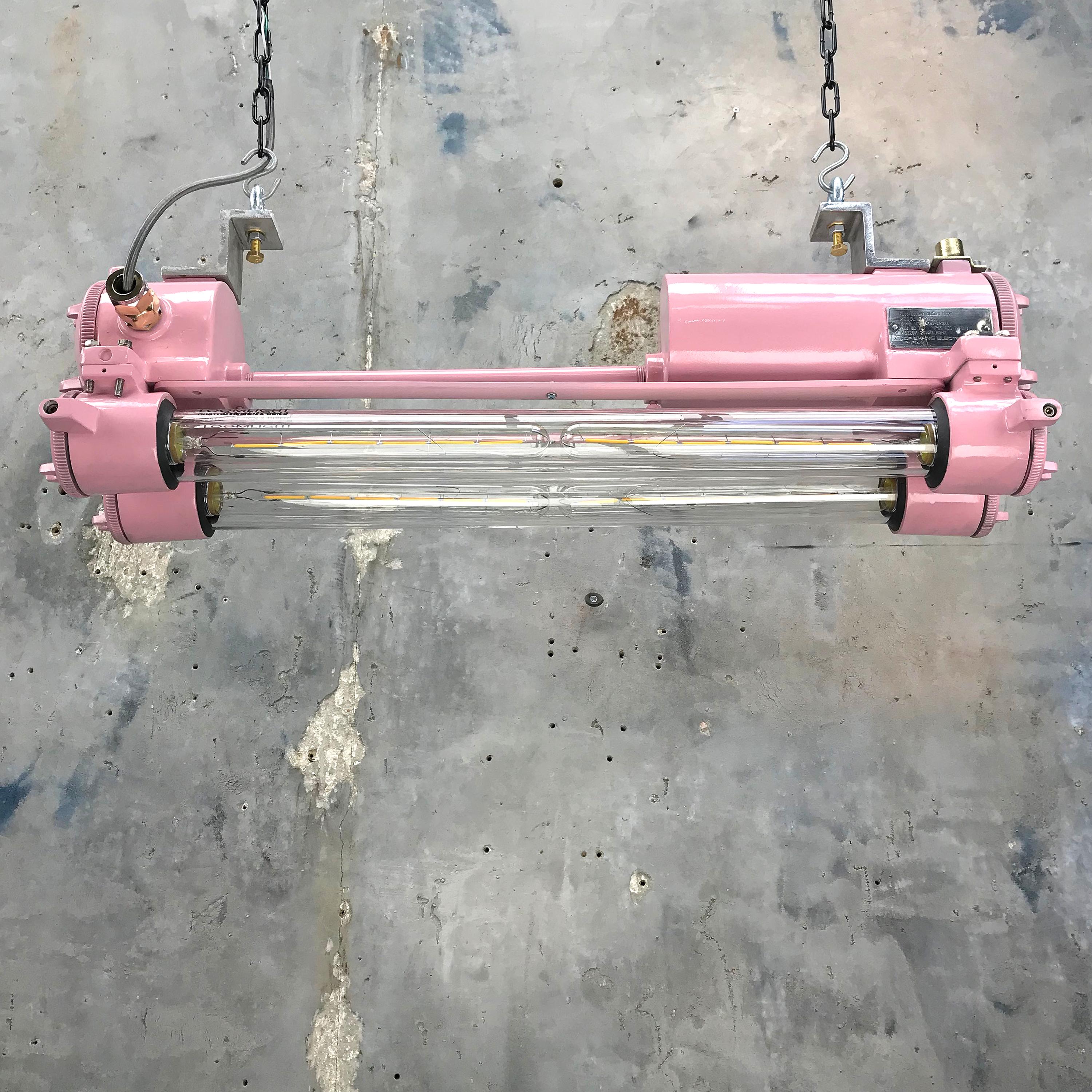 1970s Century Industrial Aluminium and Brass Flame Proof Strip Light, Pink For Sale 11