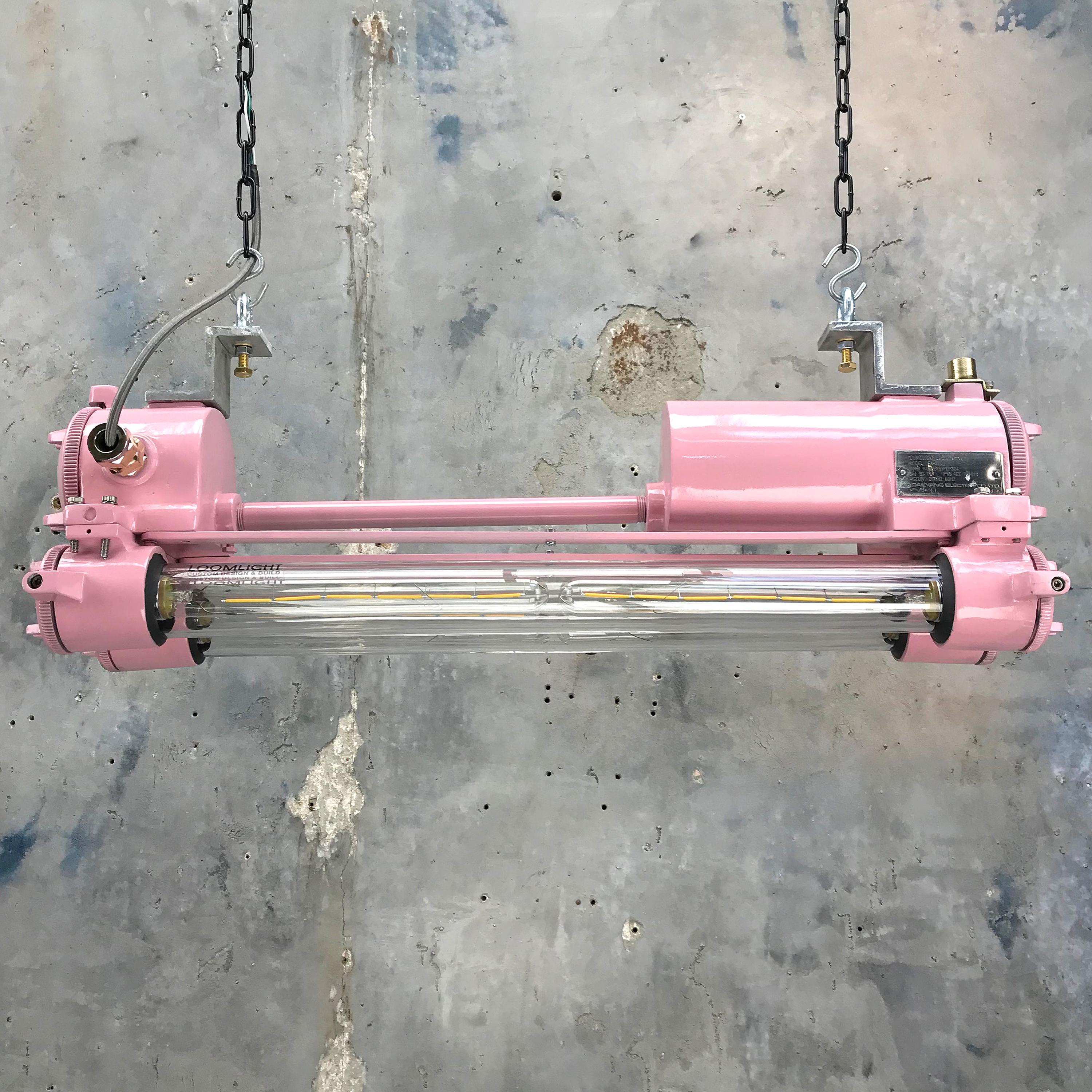 Korean 1970s Century Industrial Aluminium and Brass Flame Proof Strip Light, Pink For Sale