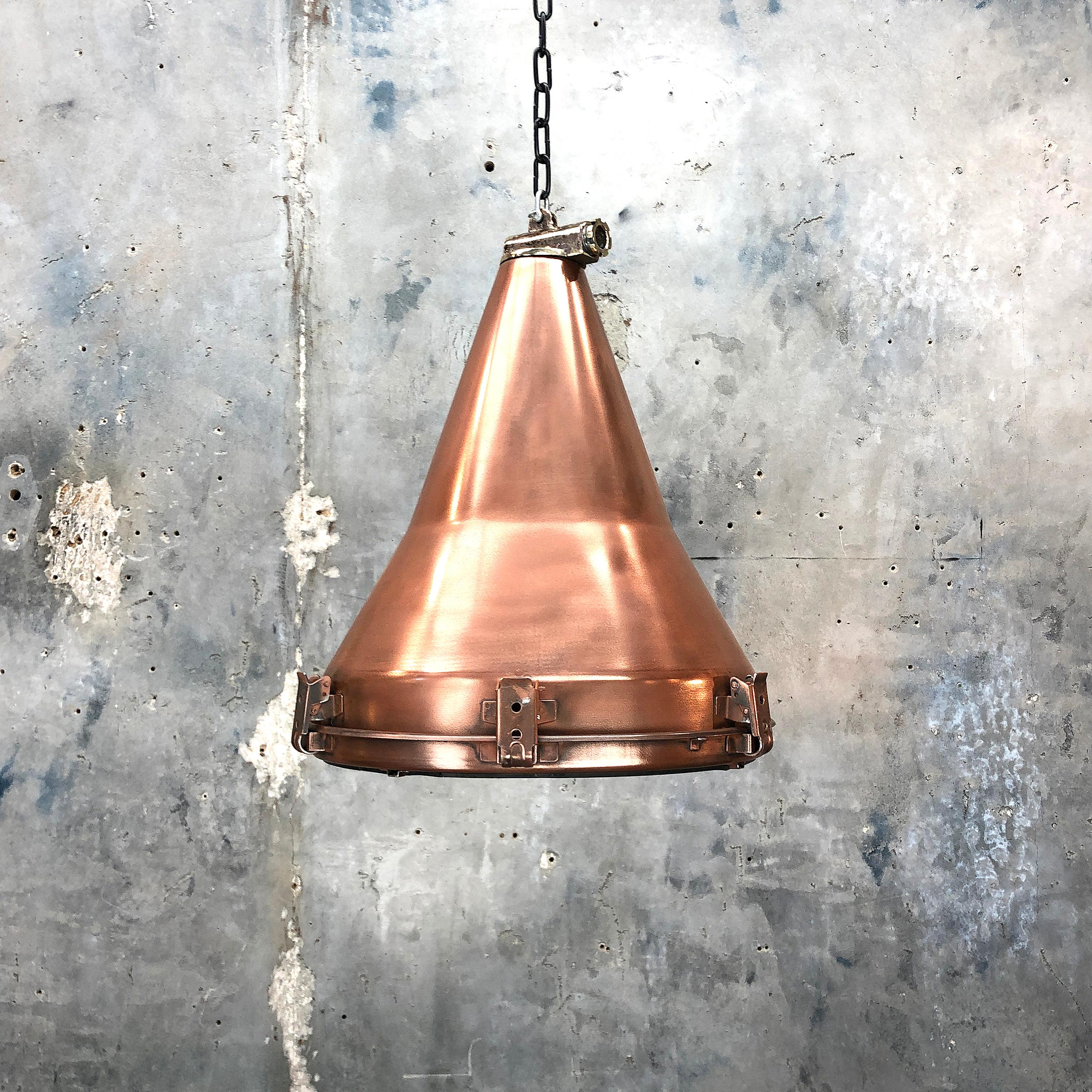 1970s Korean Copper, Cast Brass and Glass Industrial Flood Light Pendant Lamp 6