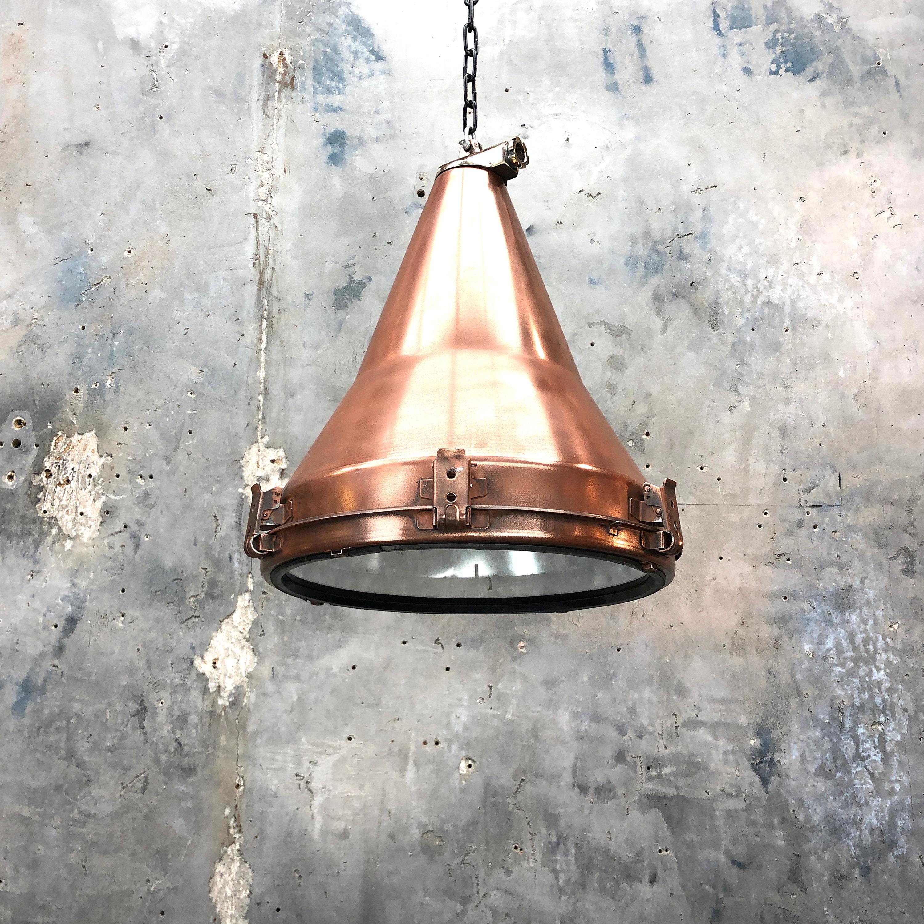 1970s Korean Copper, Cast Brass and Glass Industrial Flood Light Pendant Lamp 7