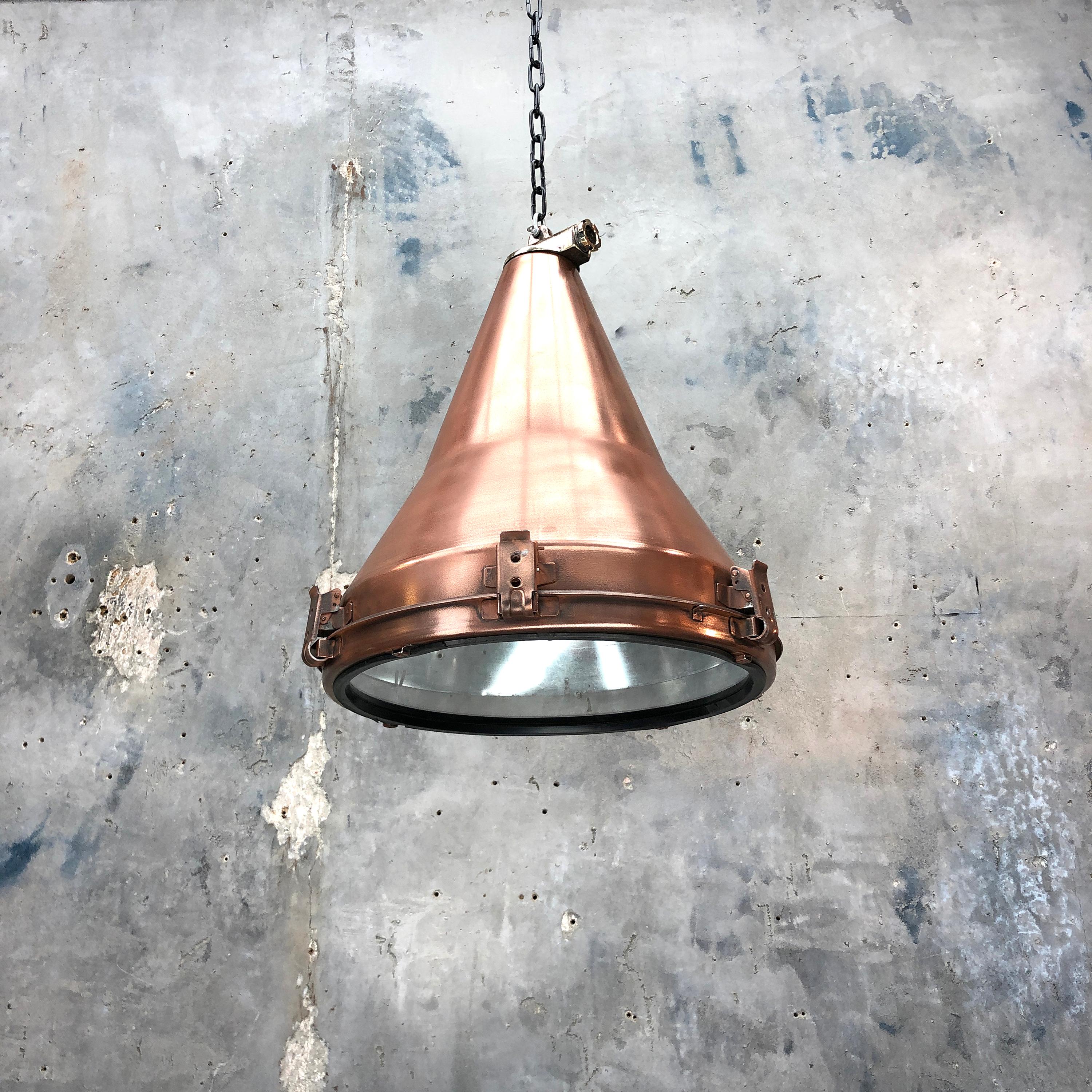 1970s Korean Copper, Cast Brass and Glass Industrial Flood Light Pendant Lamp 9