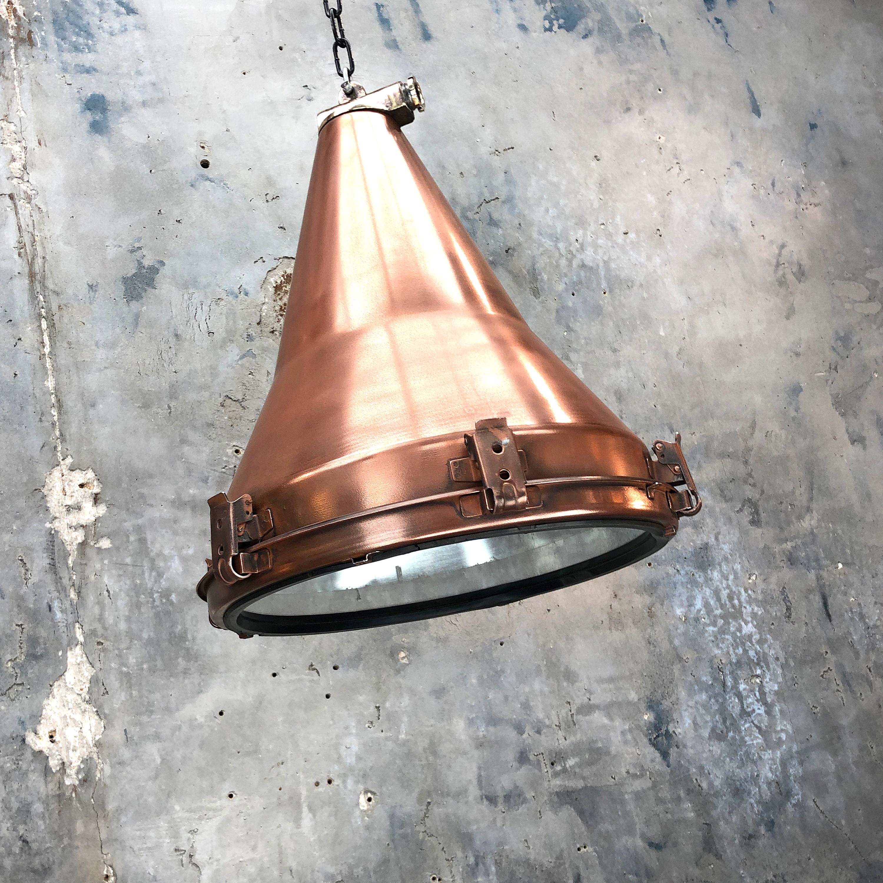 1970s Korean Copper, Cast Brass and Glass Industrial Flood Light Pendant Lamp 10
