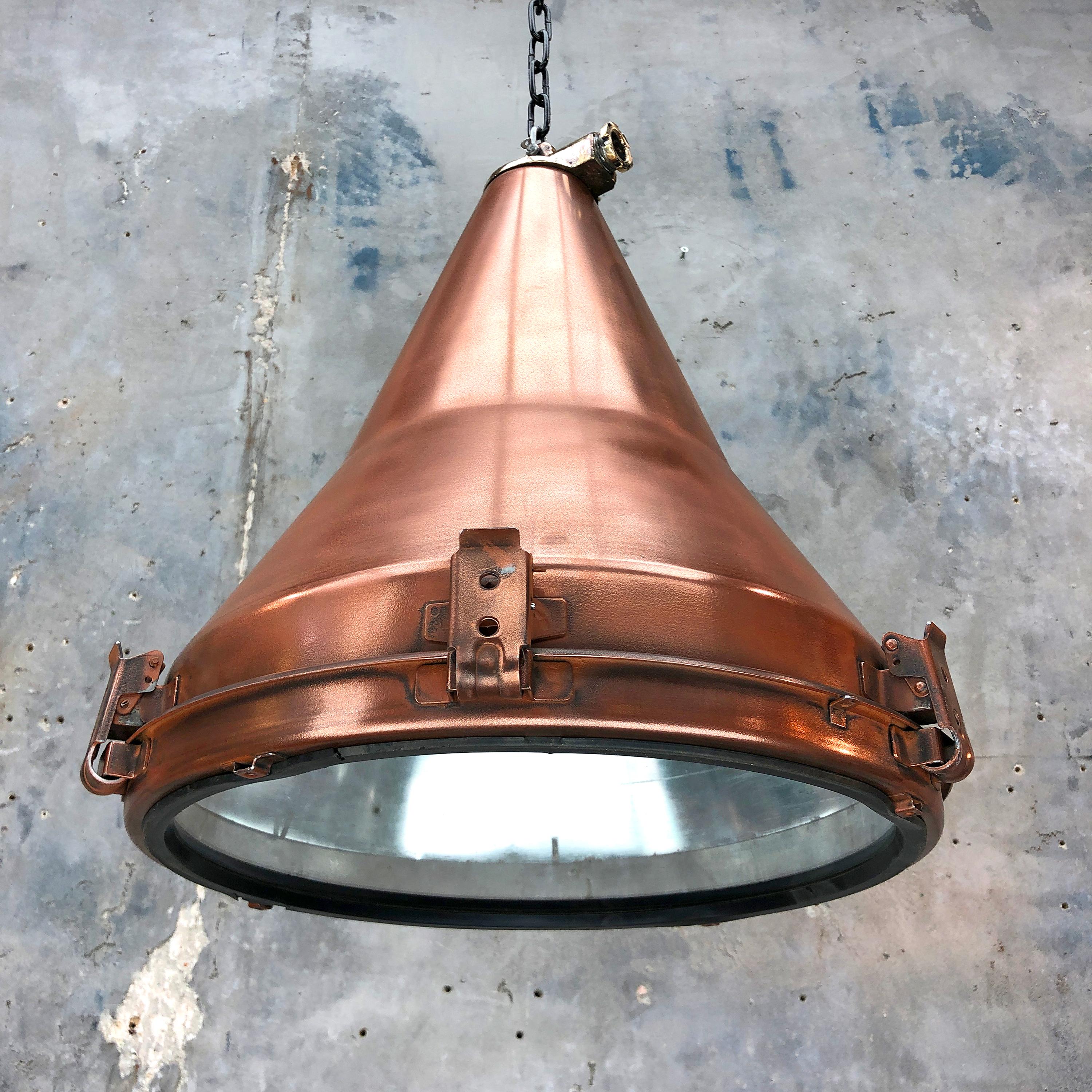 1970s Korean Copper, Cast Brass and Glass Industrial Flood Light Pendant Lamp In Good Condition In Leicester, Leicestershire