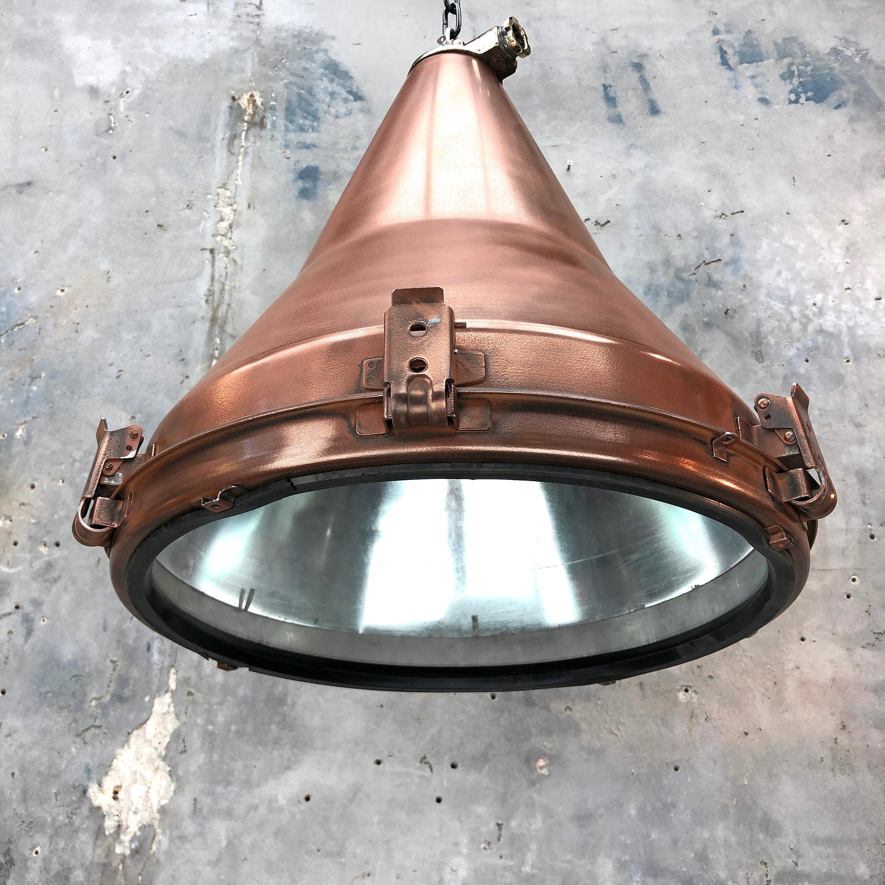 Late 20th Century 1970s Korean Copper, Cast Brass and Glass Industrial Flood Light Pendant Lamp