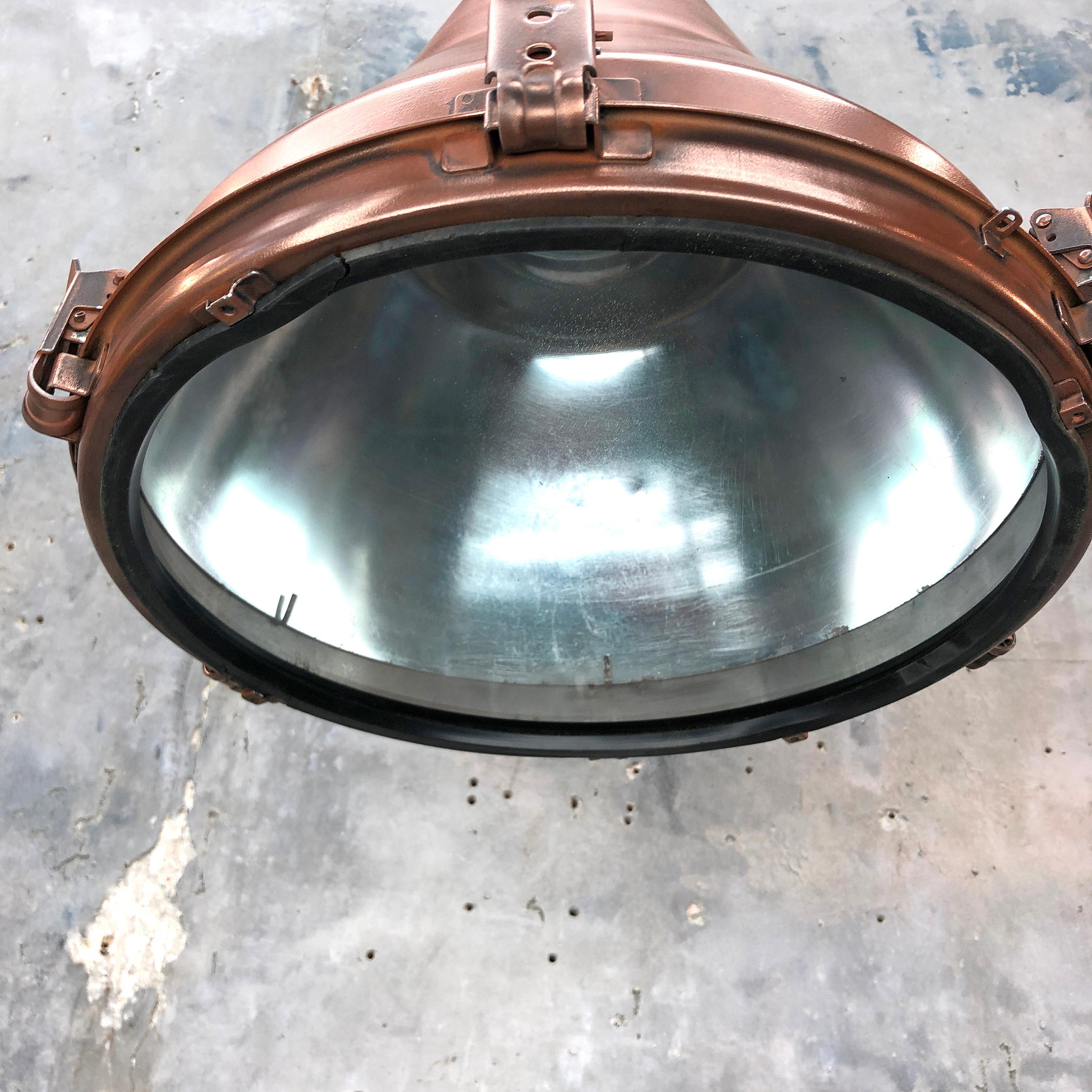 1970s Korean Copper, Cast Brass and Glass Industrial Flood Light Pendant Lamp 1