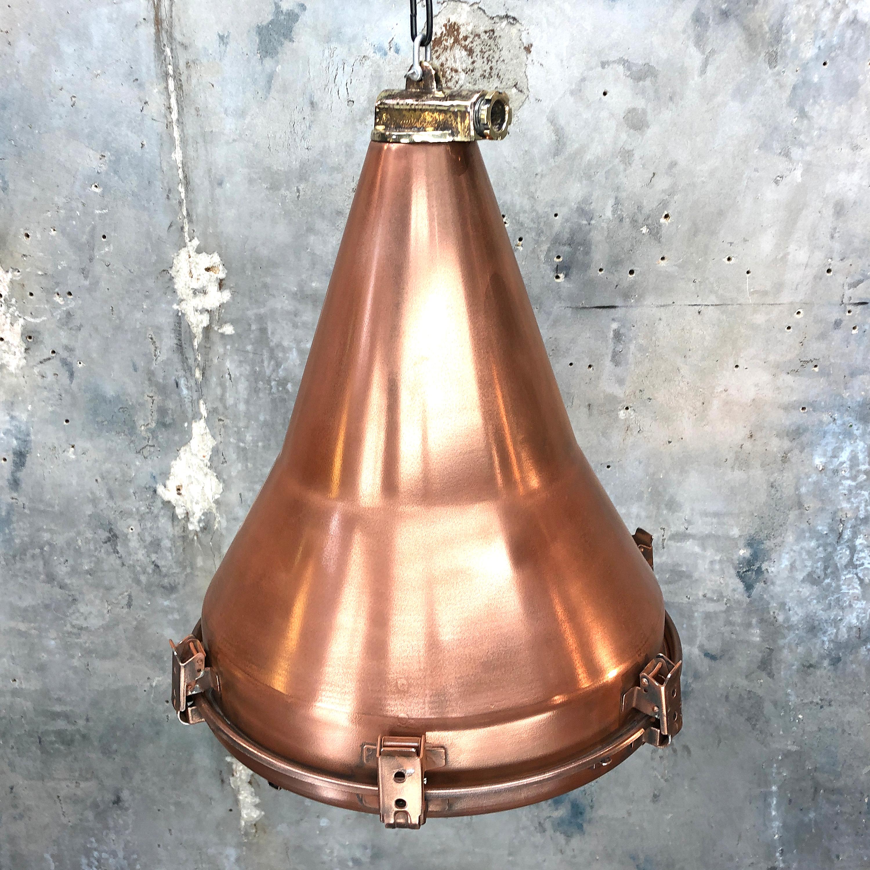 1970s Korean Copper, Cast Brass and Glass Industrial Flood Light Pendant Lamp 3