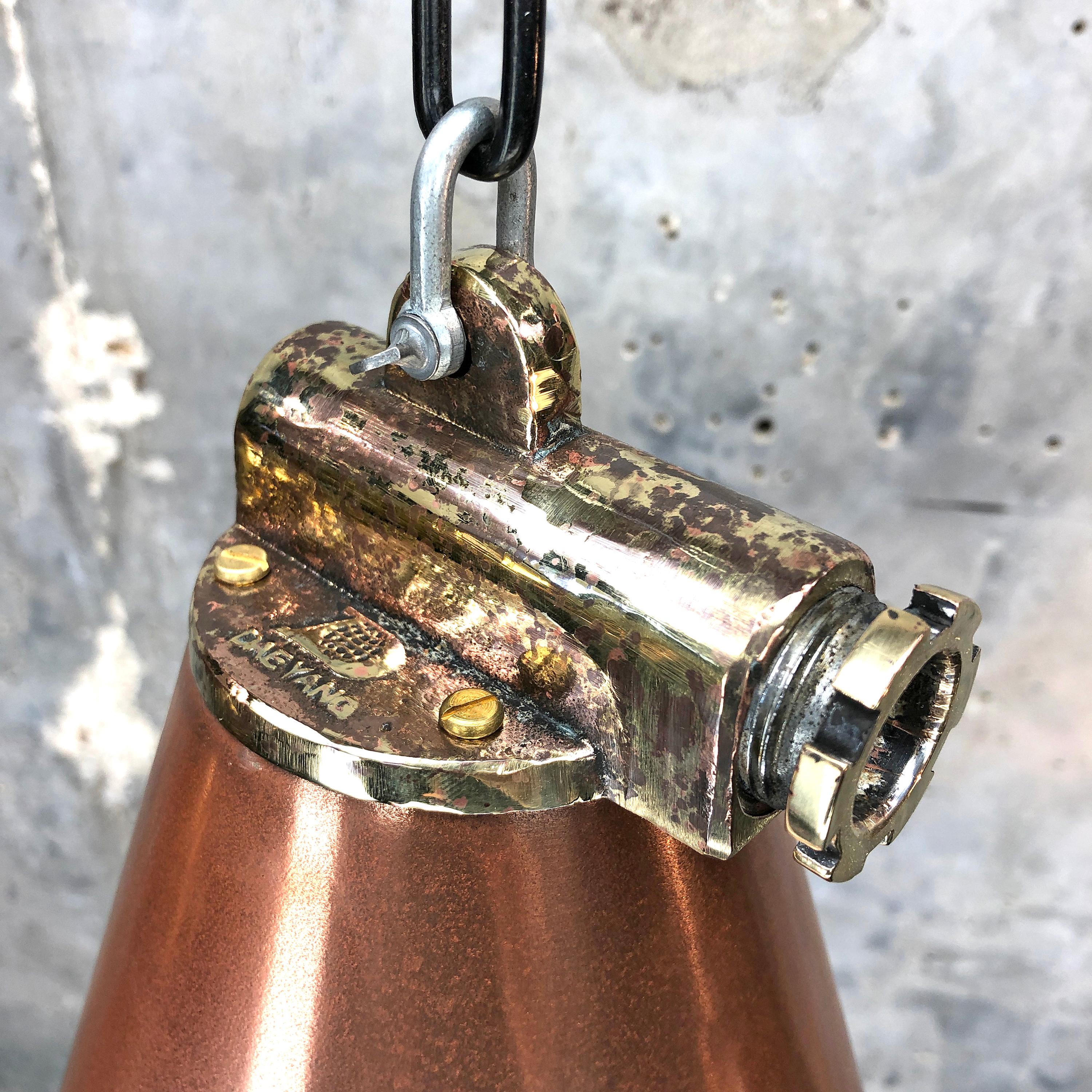 1970s Korean Copper, Cast Brass and Glass Industrial Flood Light Pendant Lamp 4