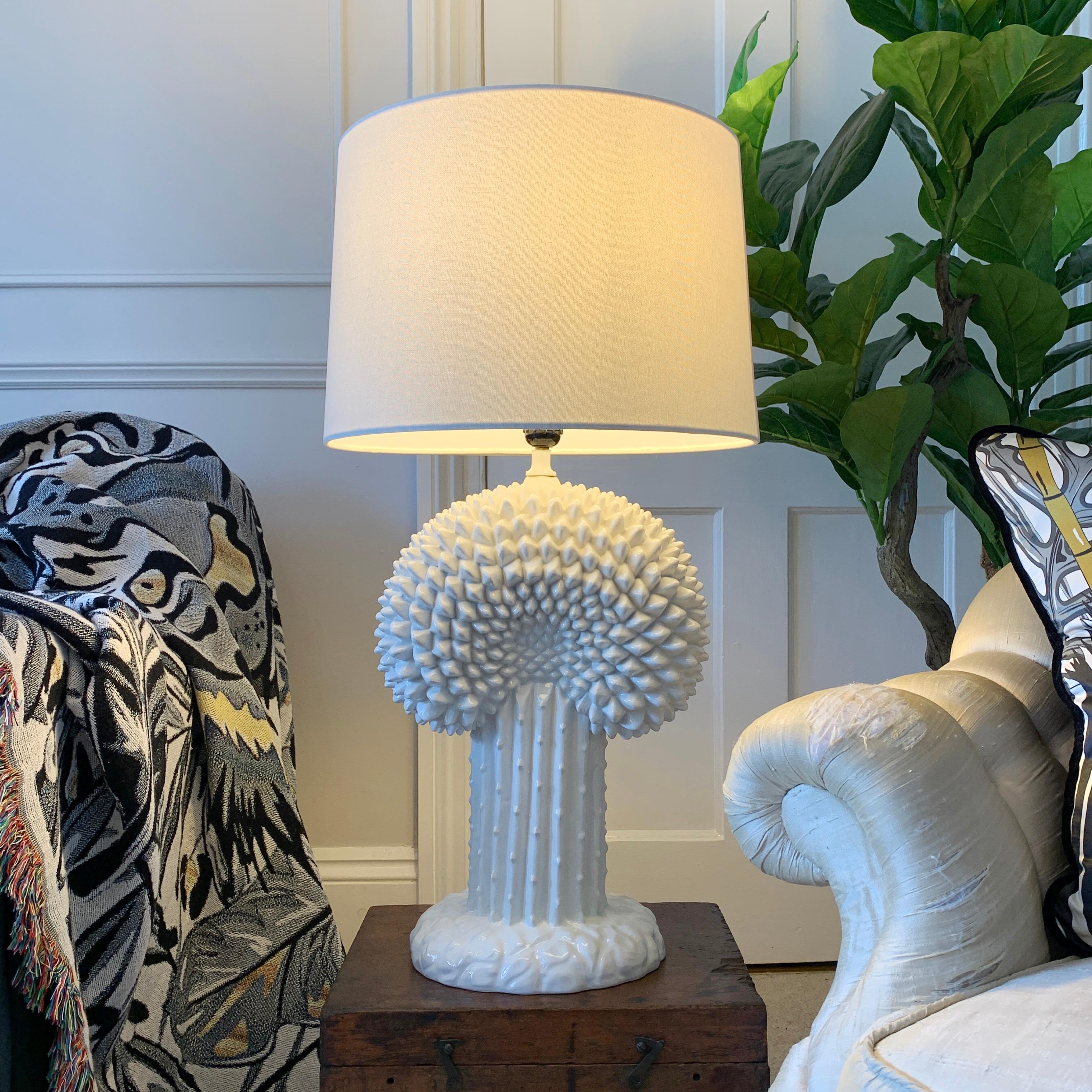 1970’s ceramic cactus lamp Italian

These lamps are widely considered to be a design by the American Decorator and artist John Dickinson, however the only visible mark is one that indicates they were made in Italy.

The lamp is a beautifully
