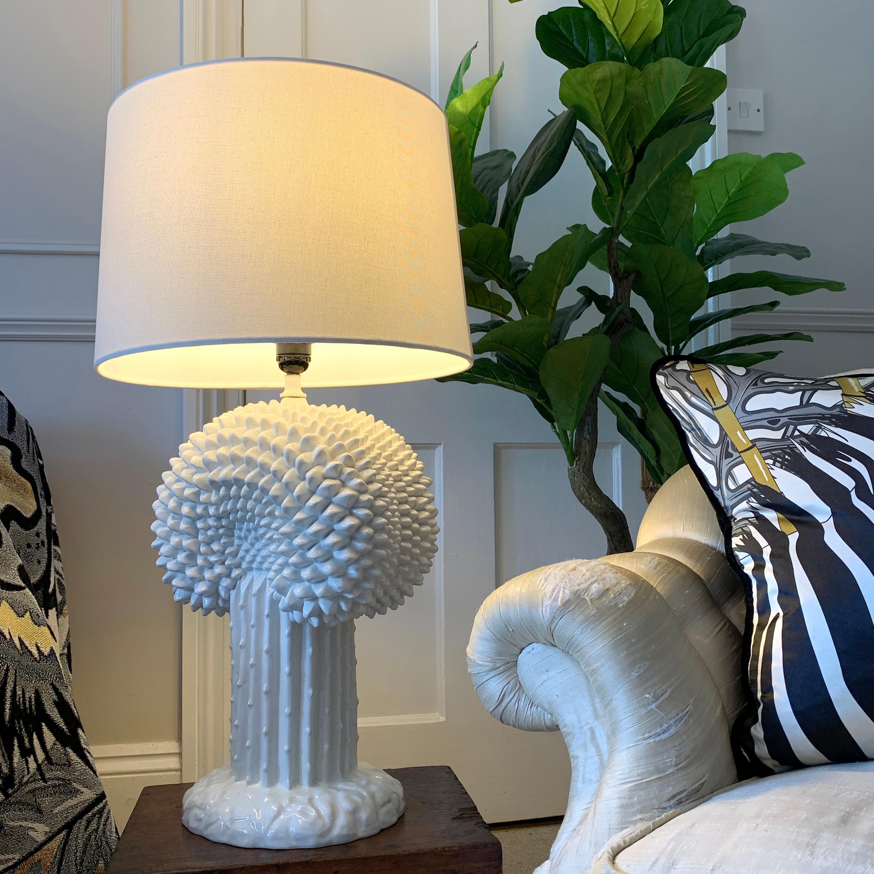 Glazed 1970’s Italian White Ceramic Cactus Lamp  For Sale