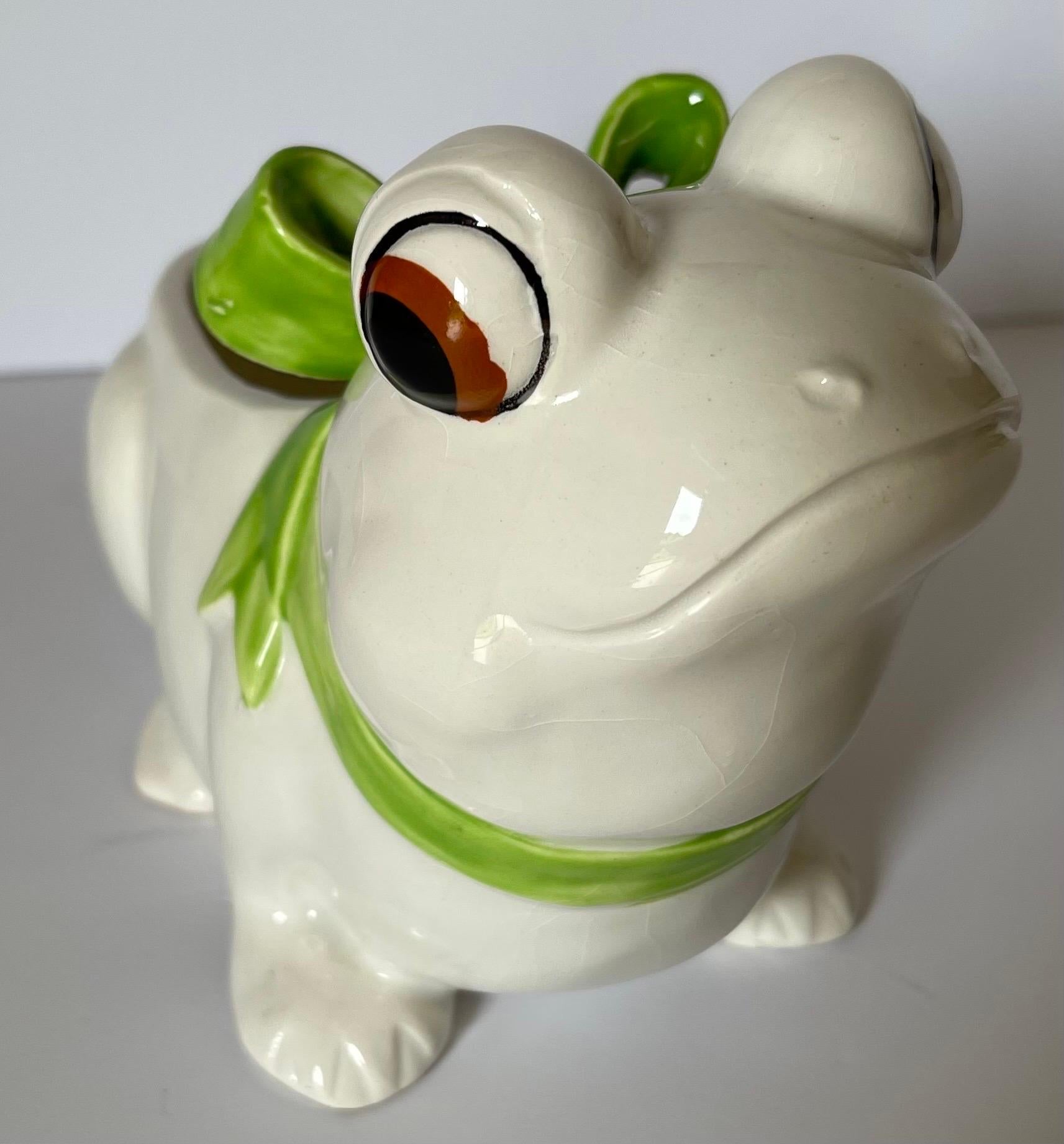 Hollywood Regency 1970s Ceramic Frog Planter with Green Bows  For Sale