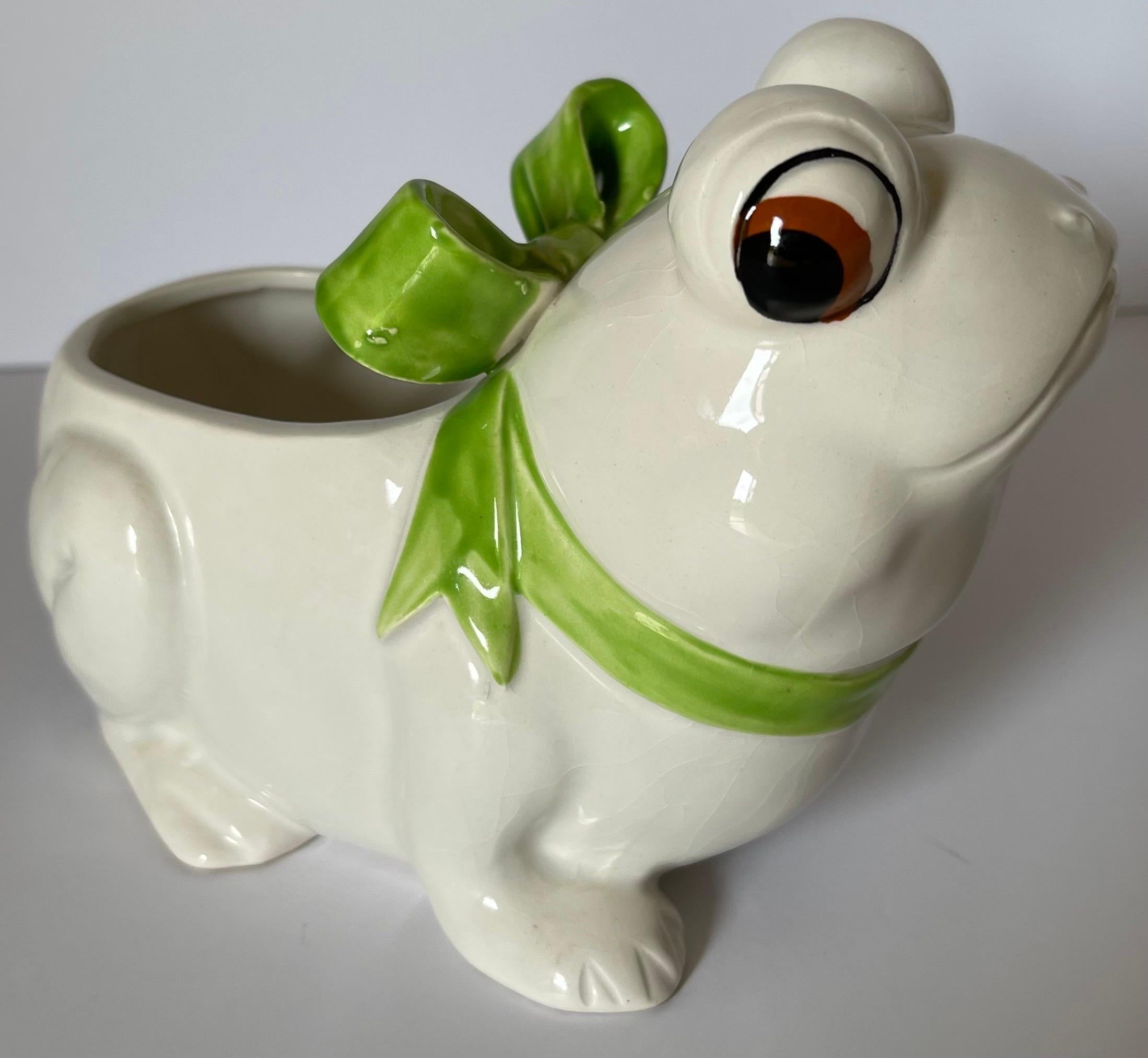 American 1970s Ceramic Frog Planter with Green Bows  For Sale